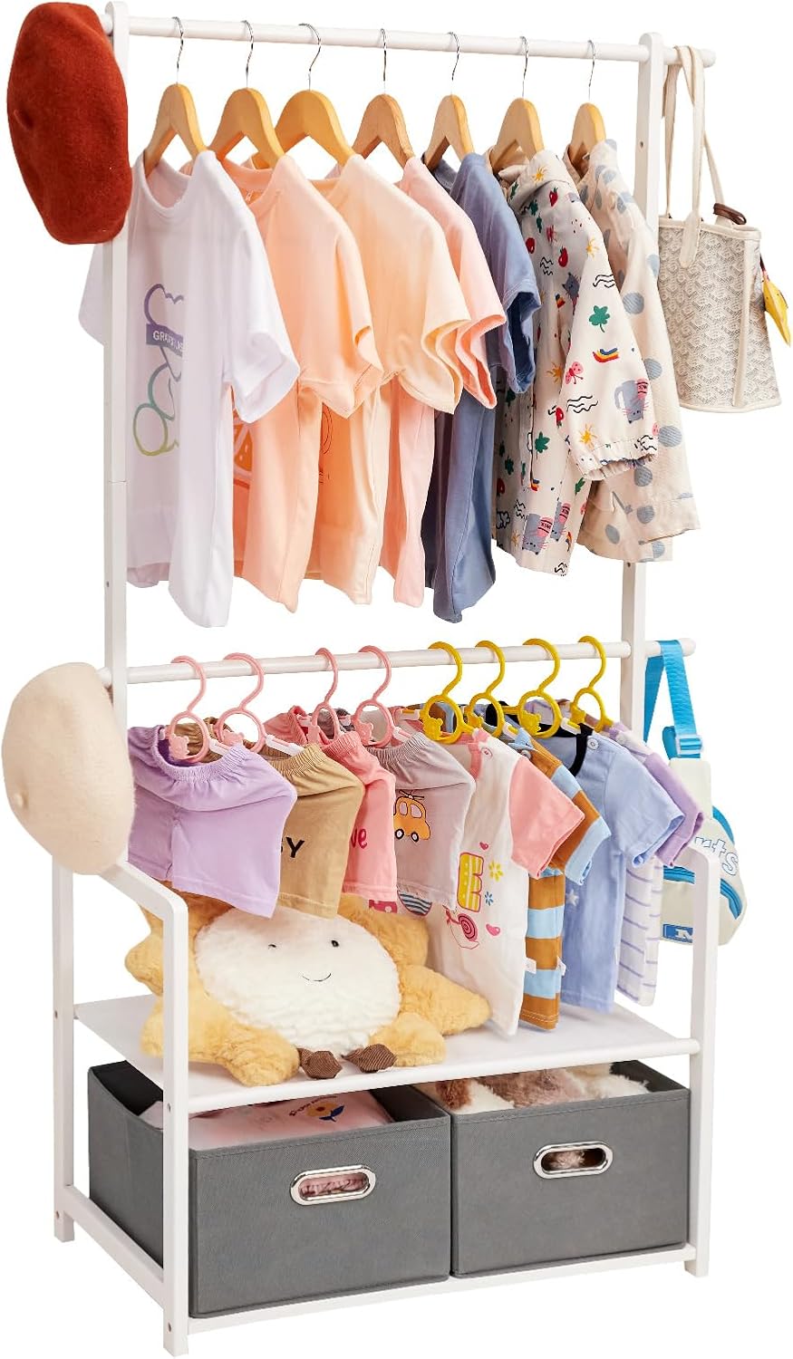 Kids Clothing Rack Bamboo with 2 Storage Baskets and 2 Adjustable Hanging Rods,Child Garment Holder with Shelf, Dress up Racks for Playroom,Toddlers Bedroom (Natural)