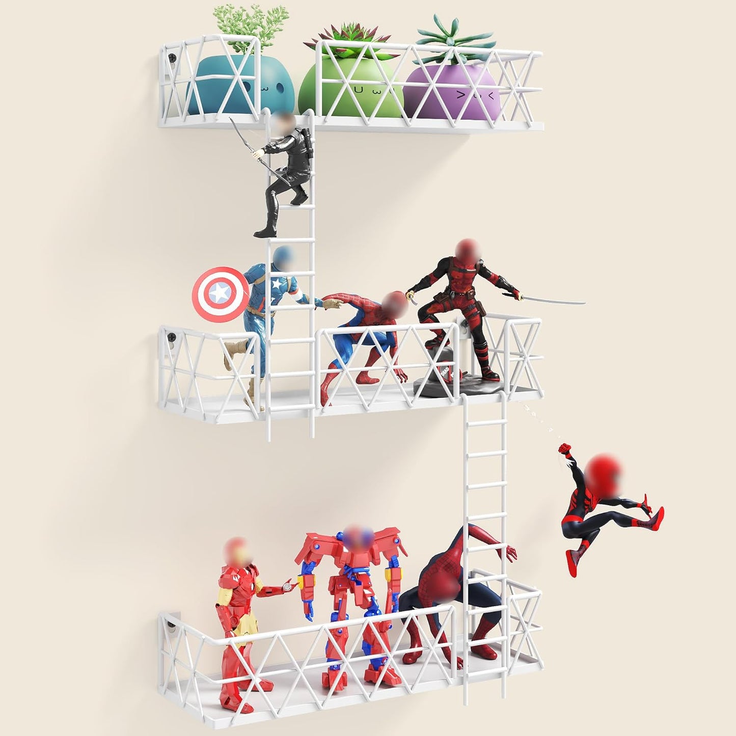 Fire Escape Wall Shelf with Baskets, 3-Tier Metal Fire Escape Ladder Shelf Wall Organizer, New York Inspired Decorative Shelf, White Floating Action Figurine Display Shelves for Bedroom, Home Décor.…