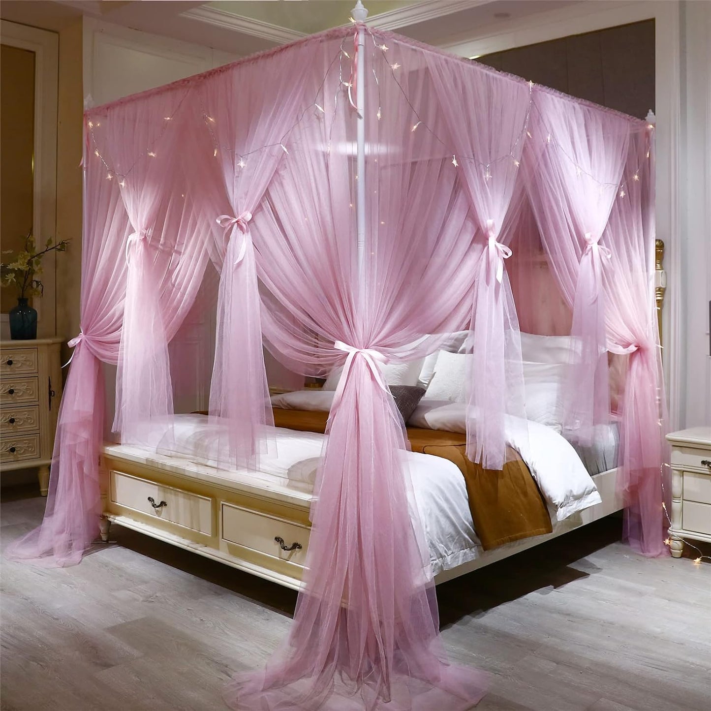 VETHIN 4 Corners Post Princess Bed Canopy Curtain Double Layer Cozy Drape Netting 4 Opening Mosquito Net for Girls & Adults Bedroom Decoration Accessories (Double White, 59" W*82" L*82"*H/(Queen))