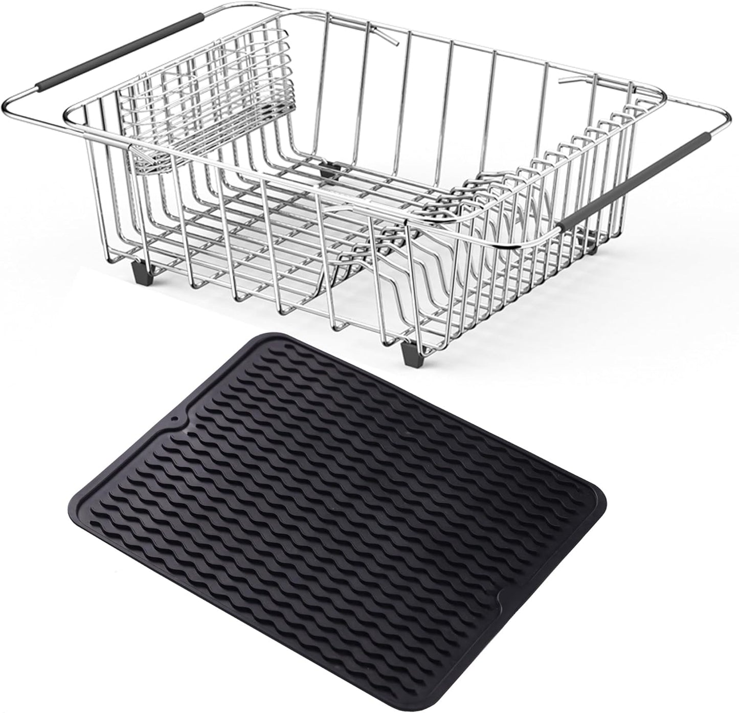 Stainless Steel Dish Drying Rack(15"L x 8.3"W x 4.2"D), Expandable Fruit & Vegetable Drain Rack over Sink, Dish Drainer Rack in Sink, with Stainless Steel Utensil Holder & 16" Silicone Mat