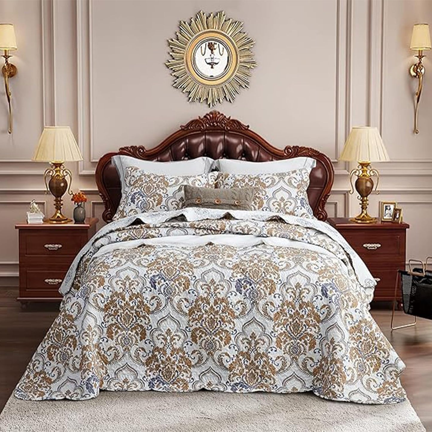 CHIXIN Oversized Bedspread Coverlet Set King Size - Lightweight Bedding Cover - Beautiful Stitching - 5 Piece Reversible Bedspread - Luxury Damask Paisley Pattern (King, Lagoon)