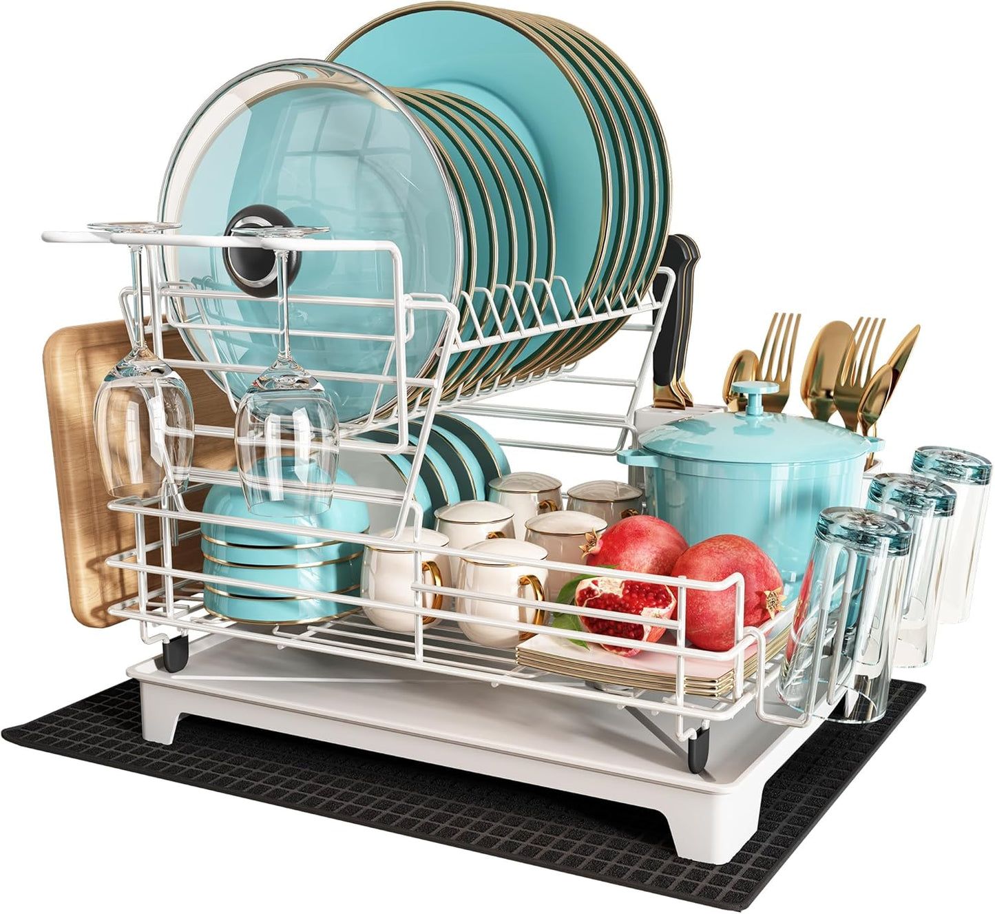 3 Tier Extra Large Stainless Steel Expandable Over The Sink Dish Drainer Drying Rack, Rust Proof Metal, Space Saving, Modern Silver Big Capacity Extendable Plate Strainers Above Kitchen Counter