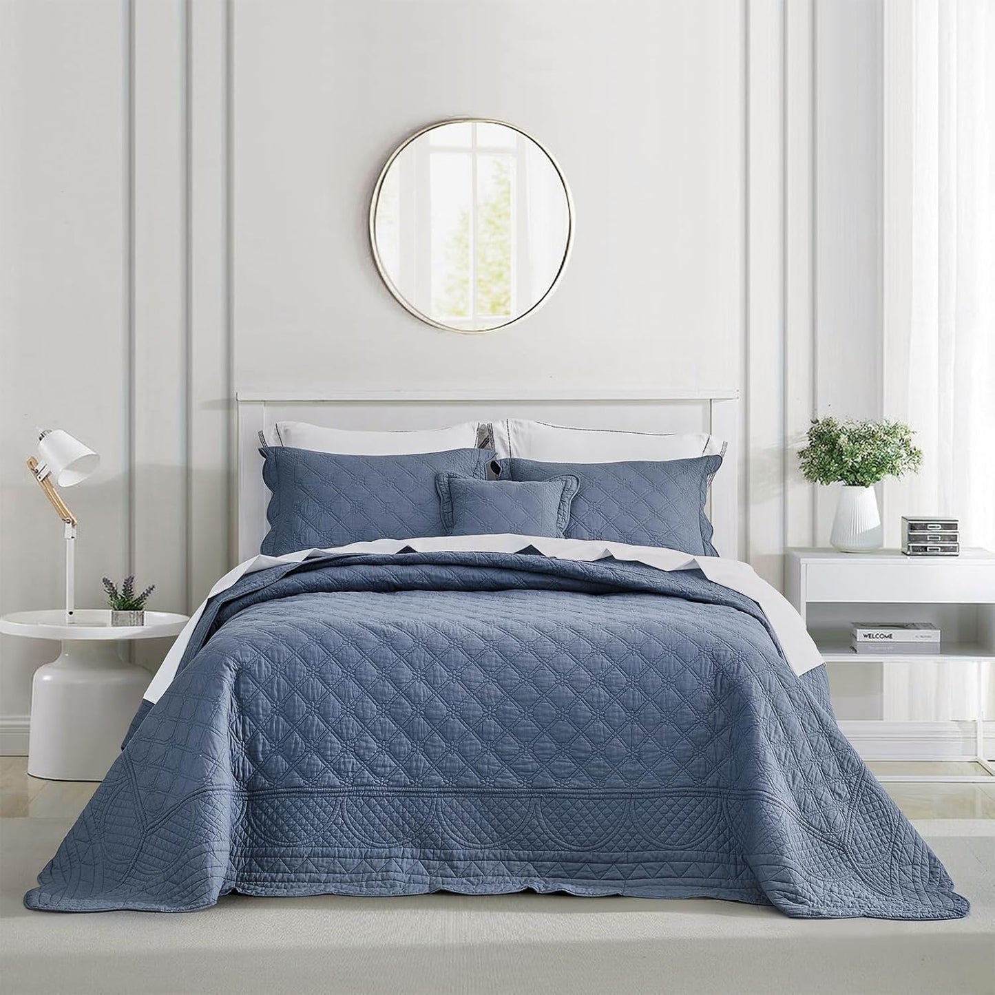 CHIXIN Oversized Cotton Bedspread King Size - Real Stitching - Luxury Quilted Bedding Cover for All Season, Reversible, Ultra Soft, Lightweight, 3 Piece, Pure White