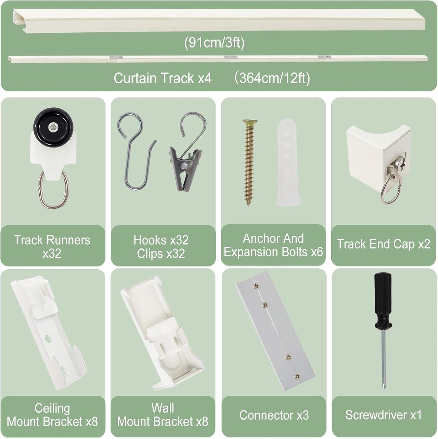 Curtain Track Ceiling Mount, Heavy Duty Aluminum Curtains Rail with Silent Rollers, Ceiling/Wall Mount Curtain Track System with Hooks for Bedroom Shower Living Room Divider (12FT)