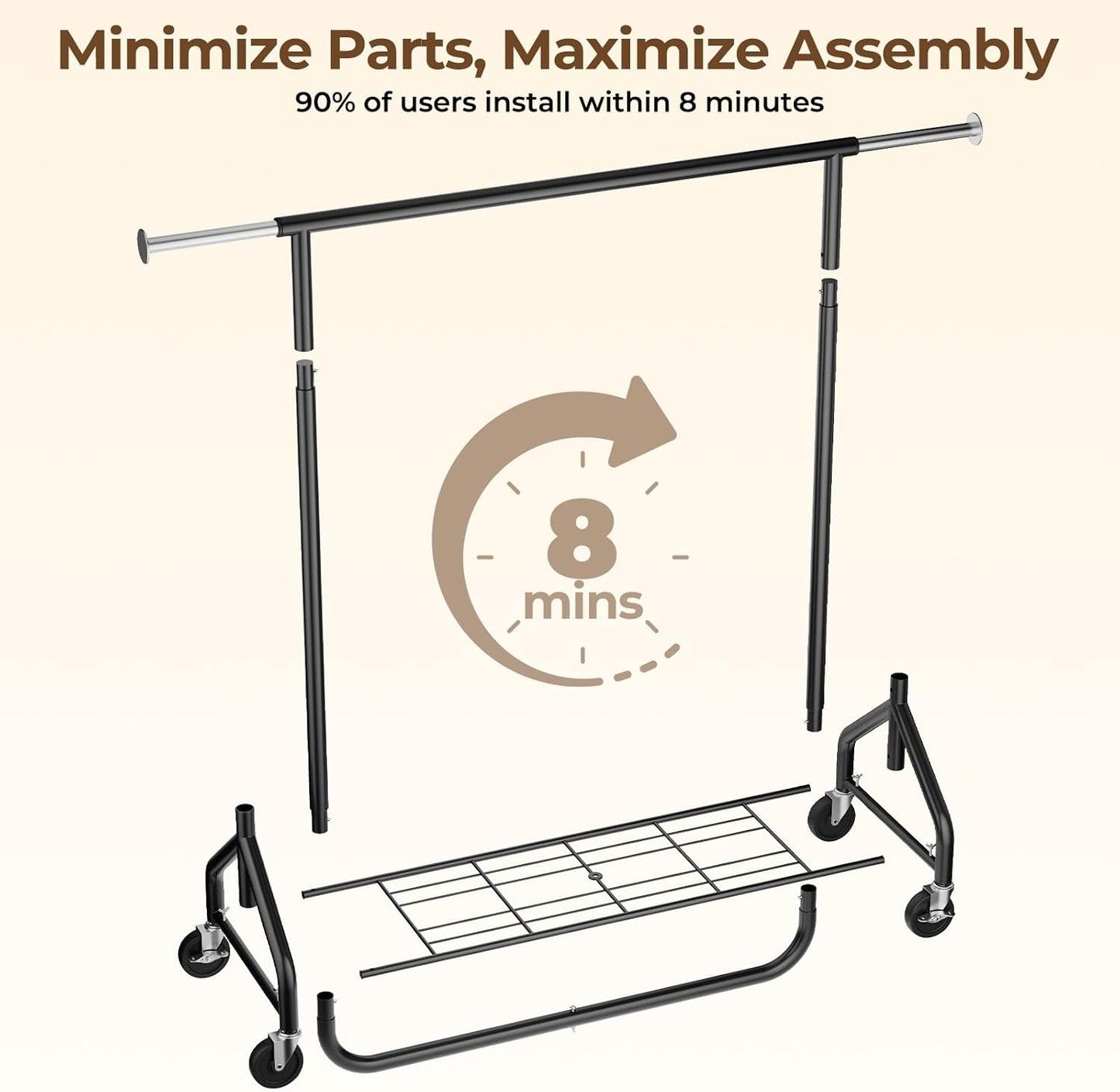 Heavy-Duty 450LBS Capacity Metal Clothes Rack，Rolling Clothing Rack with Wheels & Shelves, Portable Standing Wardrobe Rack for Hanging Clothes, Black