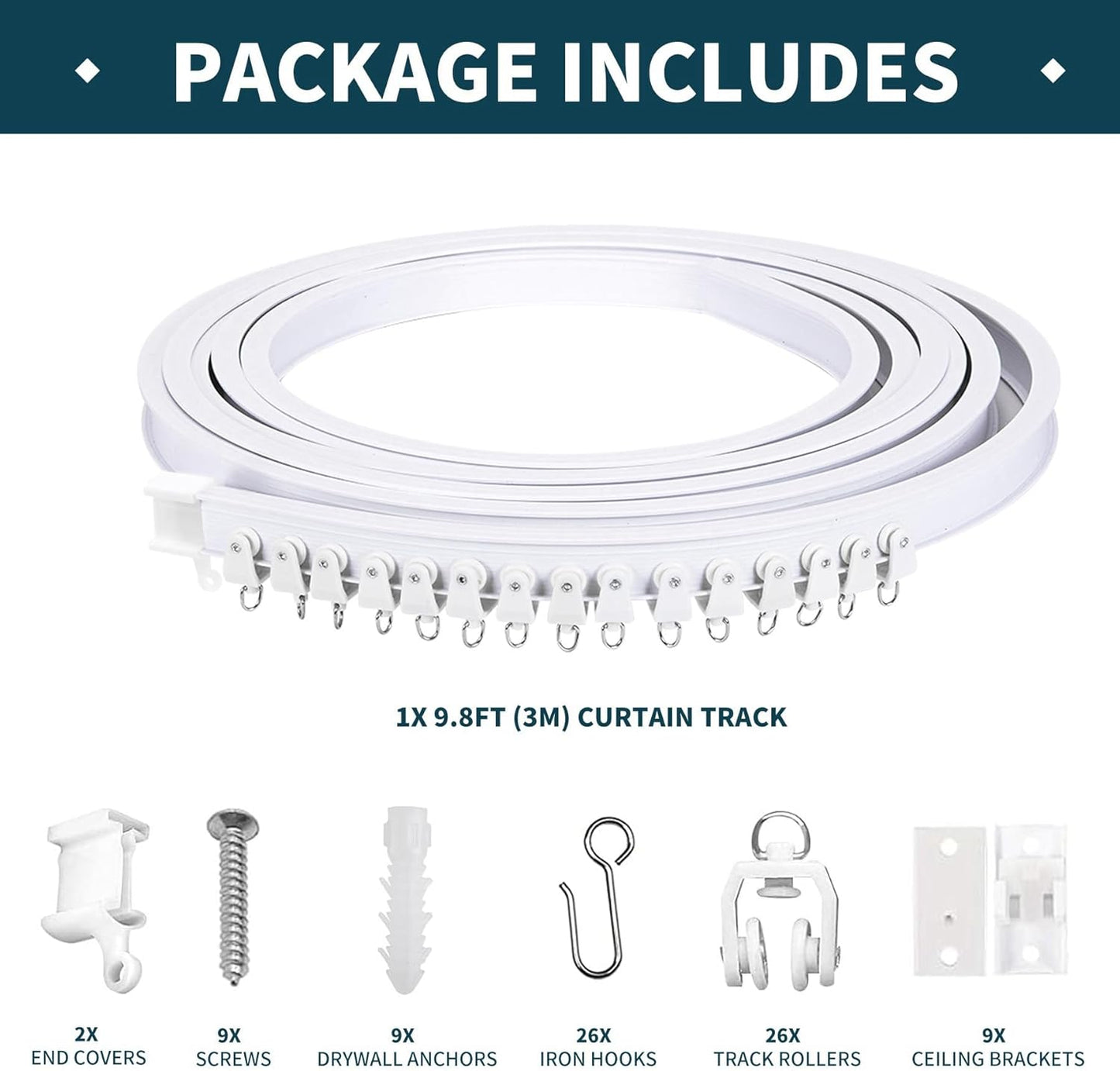 Flexible Bendable Ceiling Curtain Track, 9.8ft (3m) Curved, PVC, Metal, Plastic & Stainless Steel, White, Ceiling Mounted