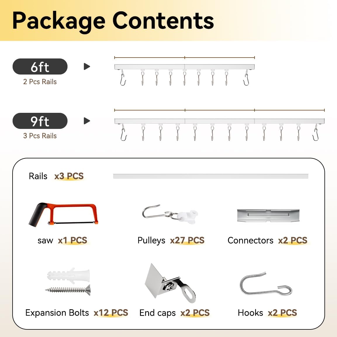 Curtain Track, Ceiling Curtain Track for Room Divider, Ceiling Mount Rail Set with Roller Hooks, White, 6ft - 9ft