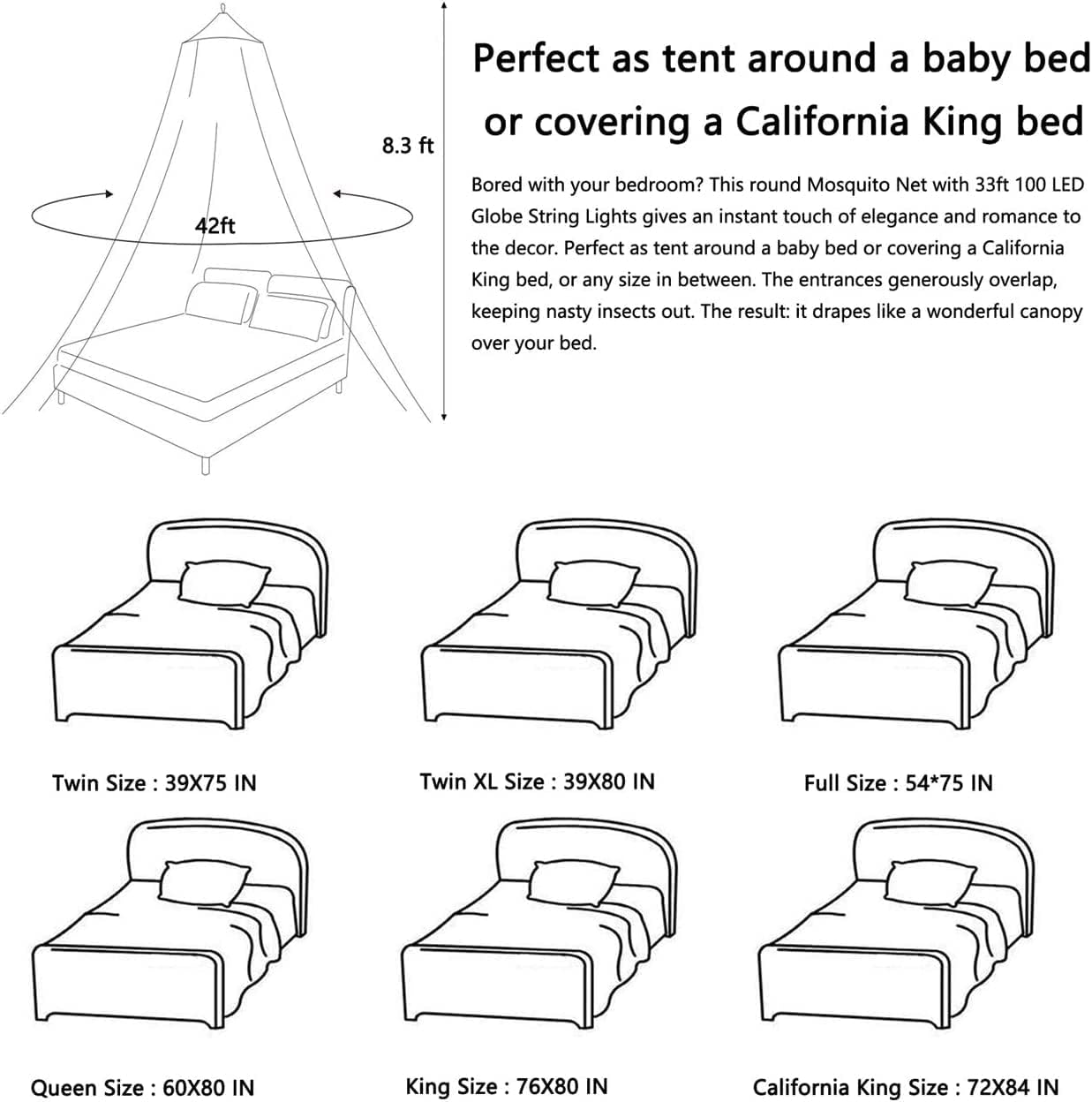 Mosquito Net Bed Canopy for Girls,King Canopy Bed Curtains Full Queen Size from Ceiling,Dome Mosquito Netting Bed Tent Twin Girls Princess Canopy Bed White Decor for Baby Crib,Kid Bed and Adult Beds