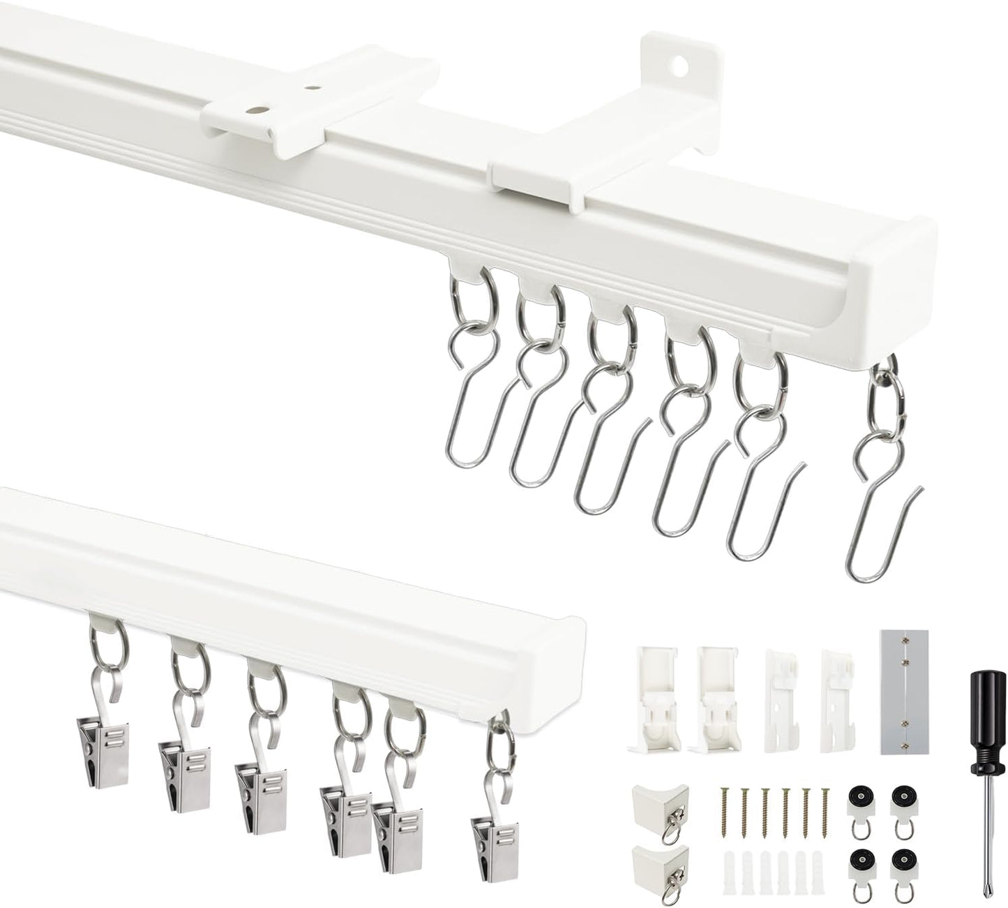 Curtain Track Ceiling Mount, Heavy Duty Aluminum Curtains Rail with Silent Rollers, Ceiling/Wall Mount Curtain Track System with Hooks for Bedroom Shower Living Room Divider (12FT)