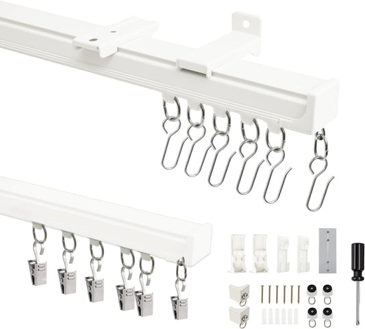 Curtain Track Ceiling Mount, Heavy Duty Aluminum Curtains Rail with Silent Rollers, Ceiling/Wall Mount Curtain Track System with Hooks for Bedroom Shower Living Room Divider (12FT)