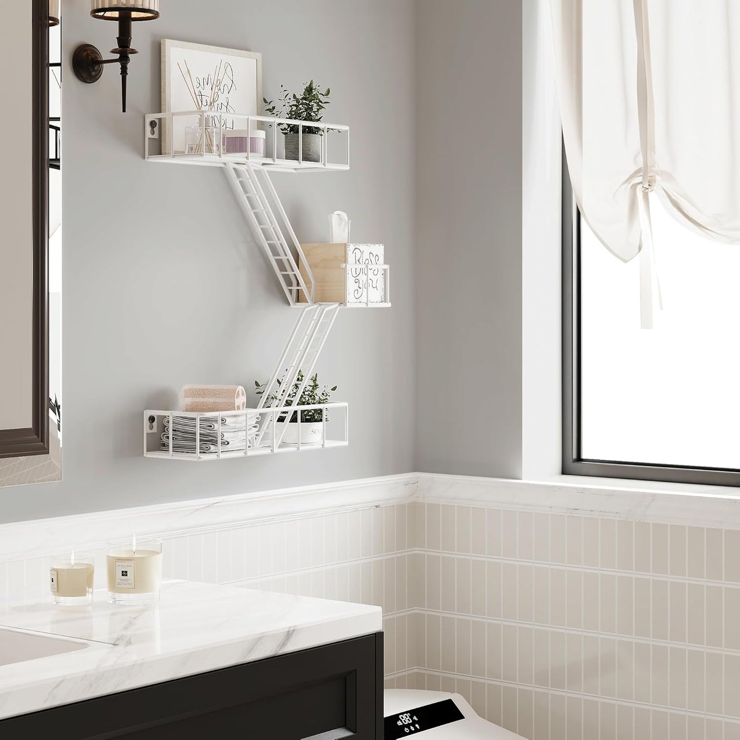 Fire Escape Wall Shelf with Baskets, 3-Tier Metal Fire Escape Ladder Shelf Wall Organizer, New York Inspired Decorative Shelf, White Floating Action Figurine Display Shelves for Bedroom, Home Décor.…