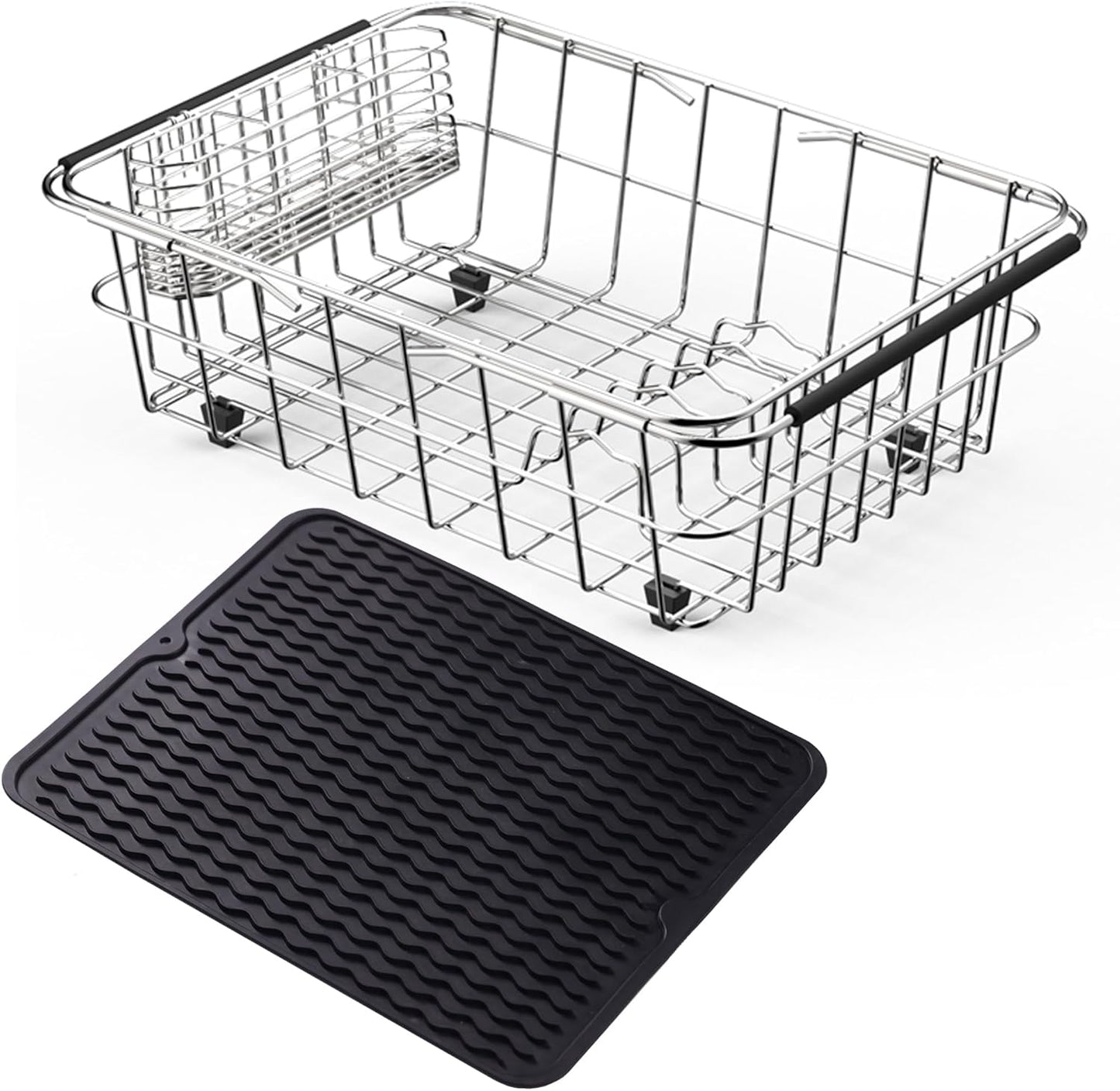 Stainless Steel Dish Drying Rack(15"L x 8.3"W x 4.2"D), Expandable Fruit & Vegetable Drain Rack over Sink, Dish Drainer Rack in Sink, with Stainless Steel Utensil Holder & 16" Silicone Mat