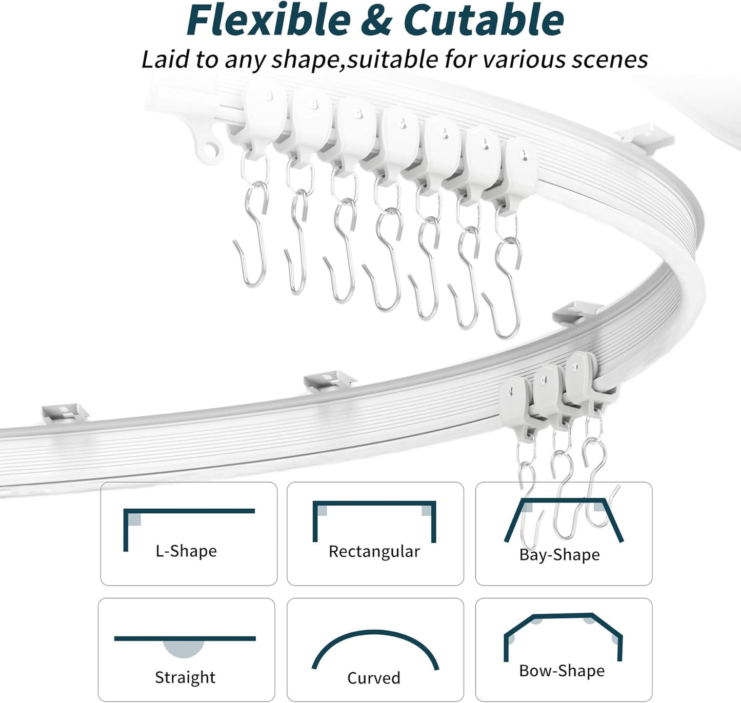 Flexible Bendable Ceiling Curtain Track, 9.8ft (3m) Curved, PVC, Metal, Plastic & Stainless Steel, White, Ceiling Mounted