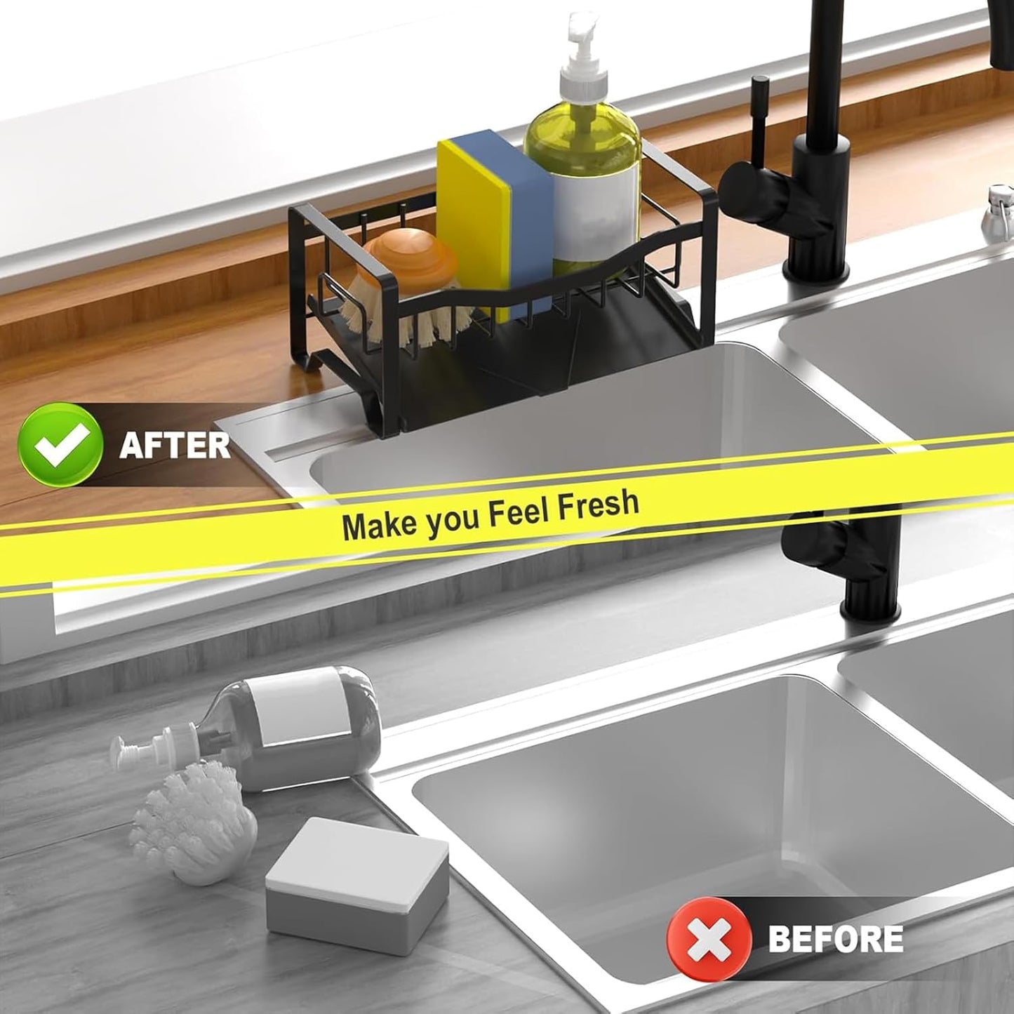 Maifan Stainless Steel Kitchen Sink Caddy Organizer with Auto Drain Tray, Sponge Holder for Countertop Storage