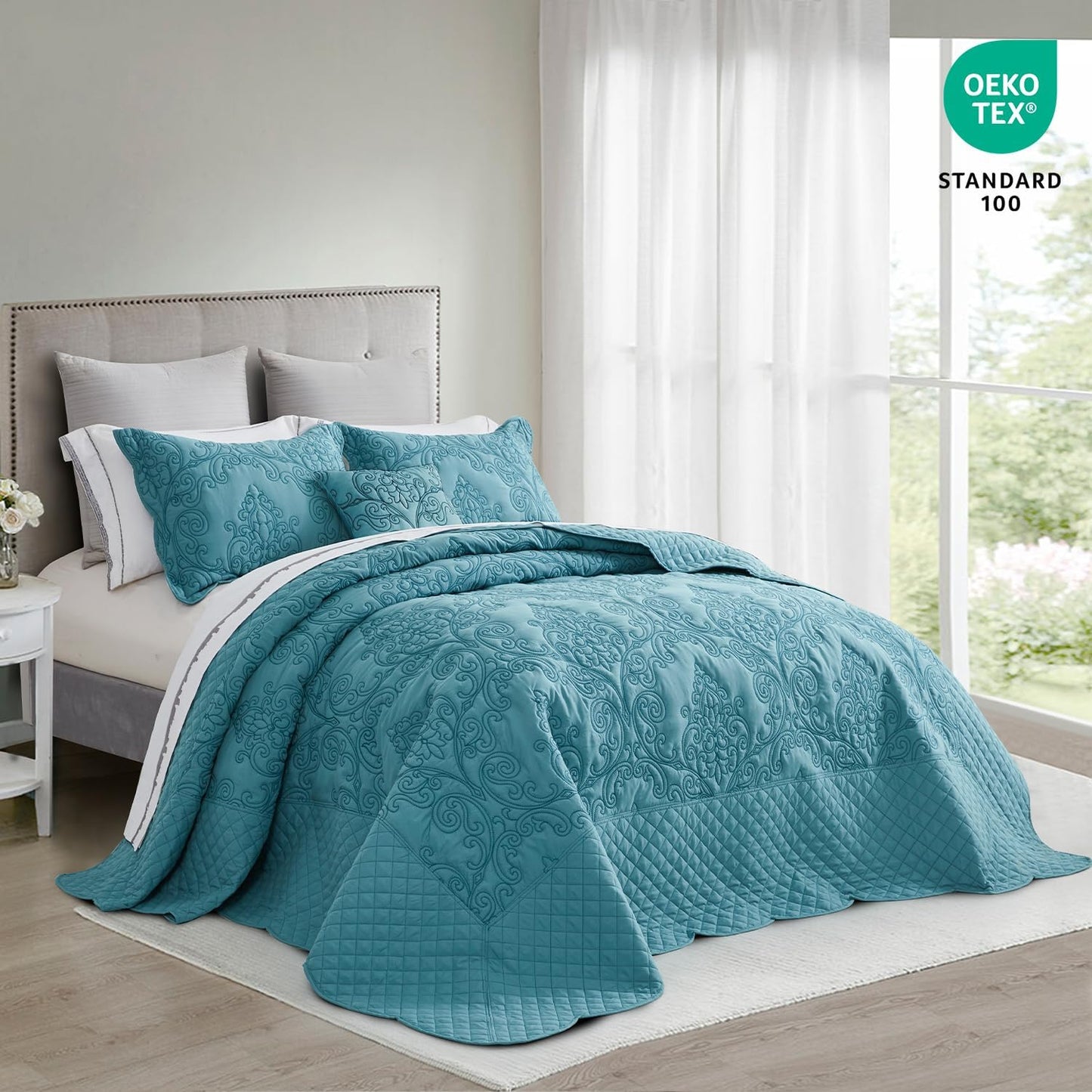 CHIXIN Oversized Bedspread Coverlet Set King Size - Lightweight Bedding Cover - Beautiful Stitching - 5 Piece Reversible Bedspread - Luxury Damask Paisley Pattern (King, Lagoon)