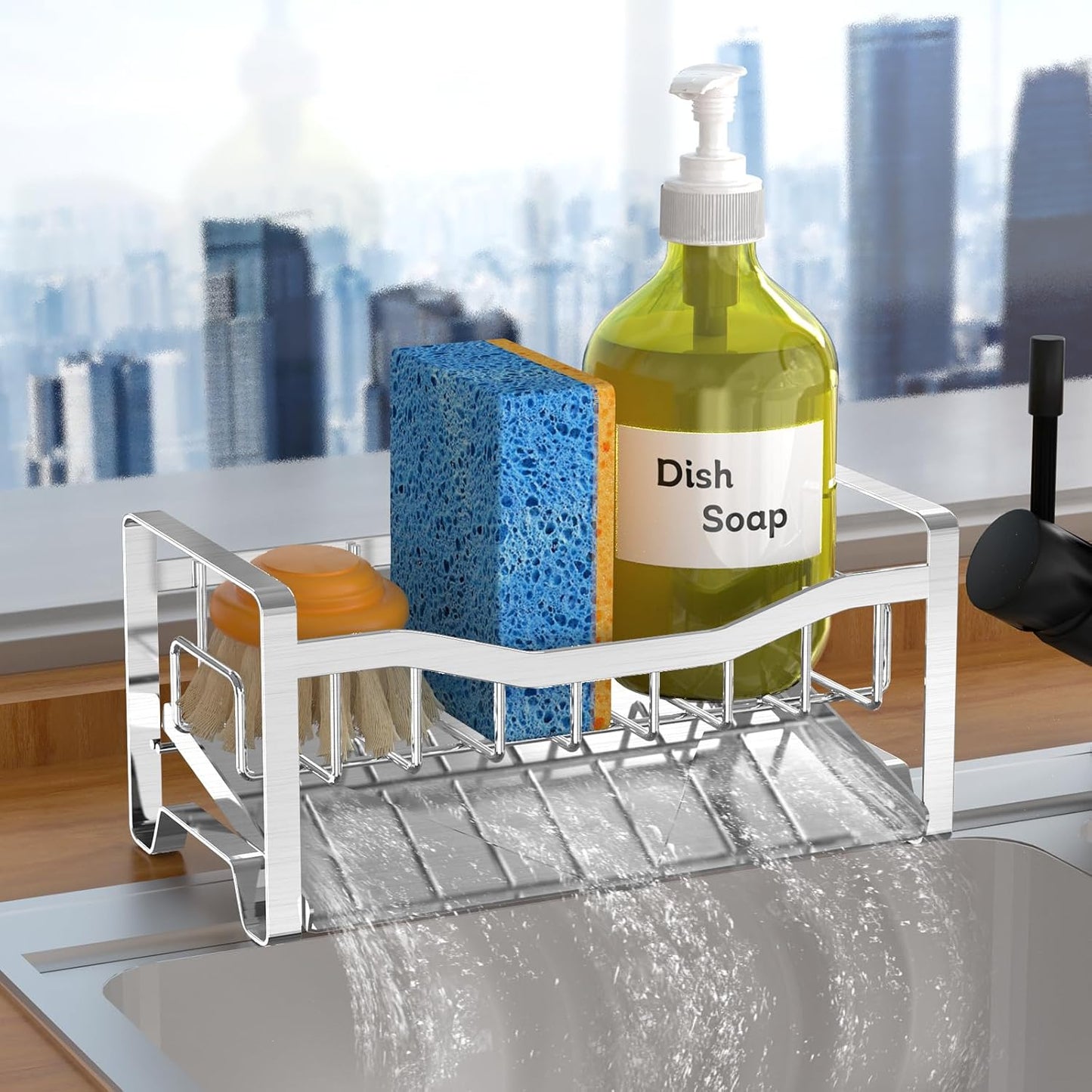 Maifan Stainless Steel Kitchen Sink Caddy Organizer with Auto Drain Tray, Sponge Holder for Countertop Storage