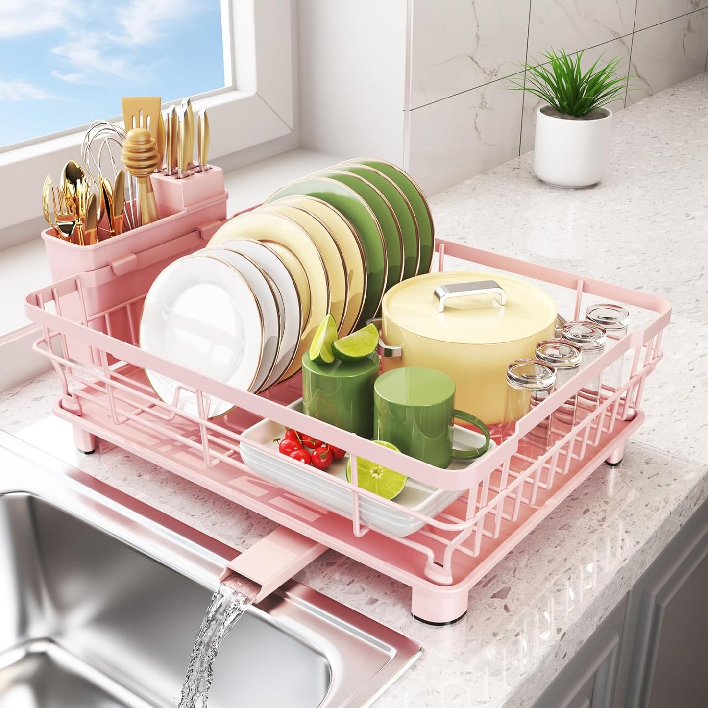 Dish Drying Rack - Space Saving Dish Rack - Dish Racks for Kitchen Counter with Drainboard,Rustproof Dish Drainer with Removable Utensil Holder,White