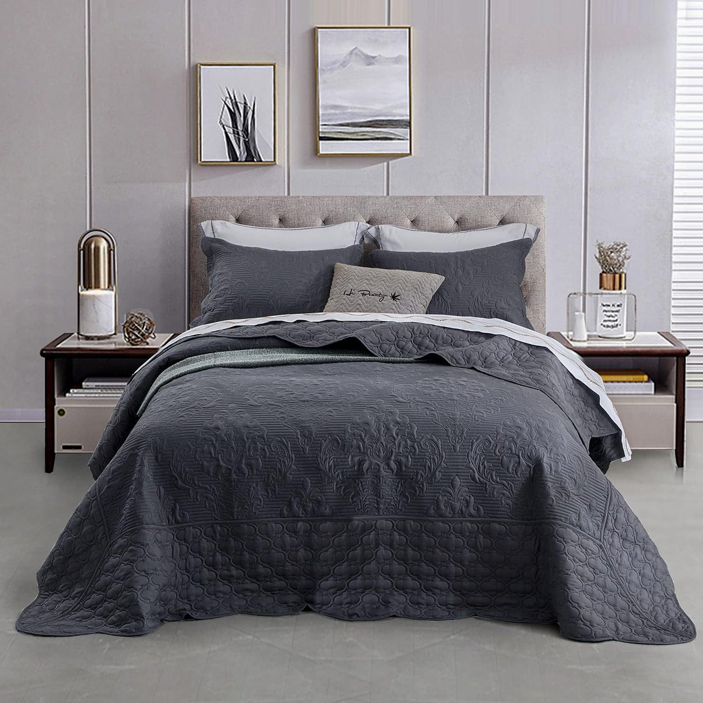 CHIXIN Oversized Bedspread Coverlet Set King Size - Lightweight Bedding Cover - Beautiful Stitching - 5 Piece Reversible Bedspread - Luxury Damask Paisley Pattern (King, Lagoon)