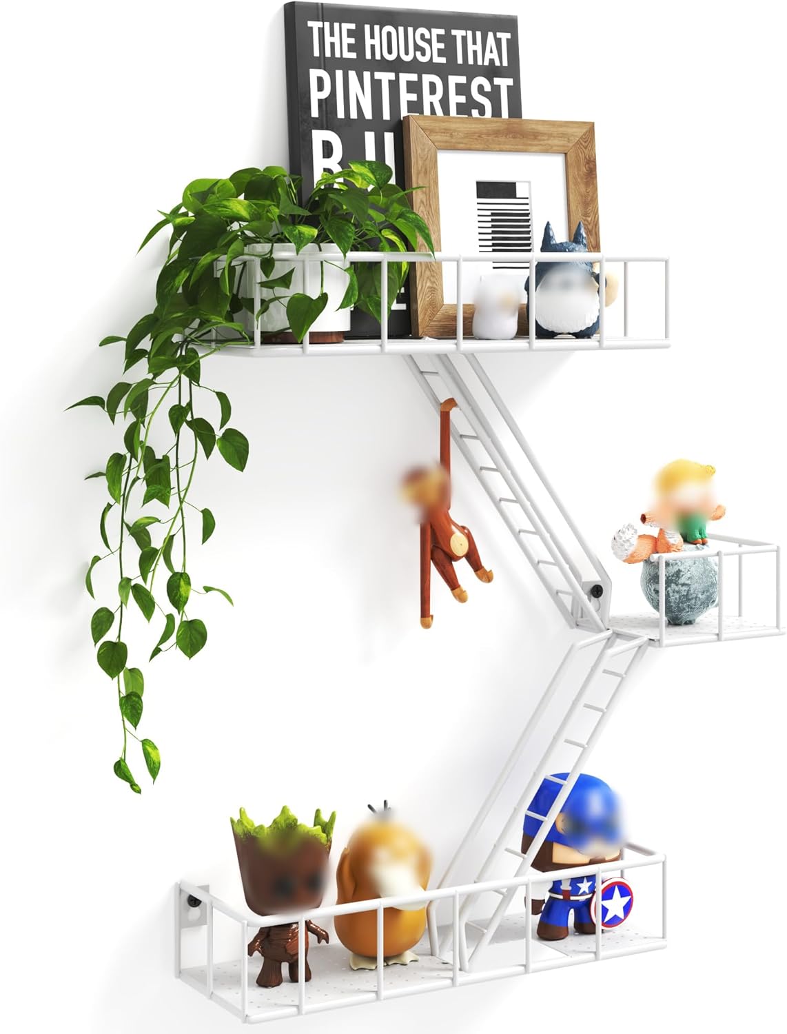 Fire Escape Wall Shelf with Baskets, 3-Tier Metal Fire Escape Ladder Shelf Wall Organizer, New York Inspired Decorative Shelf, White Floating Action Figurine Display Shelves for Bedroom, Home Décor.…