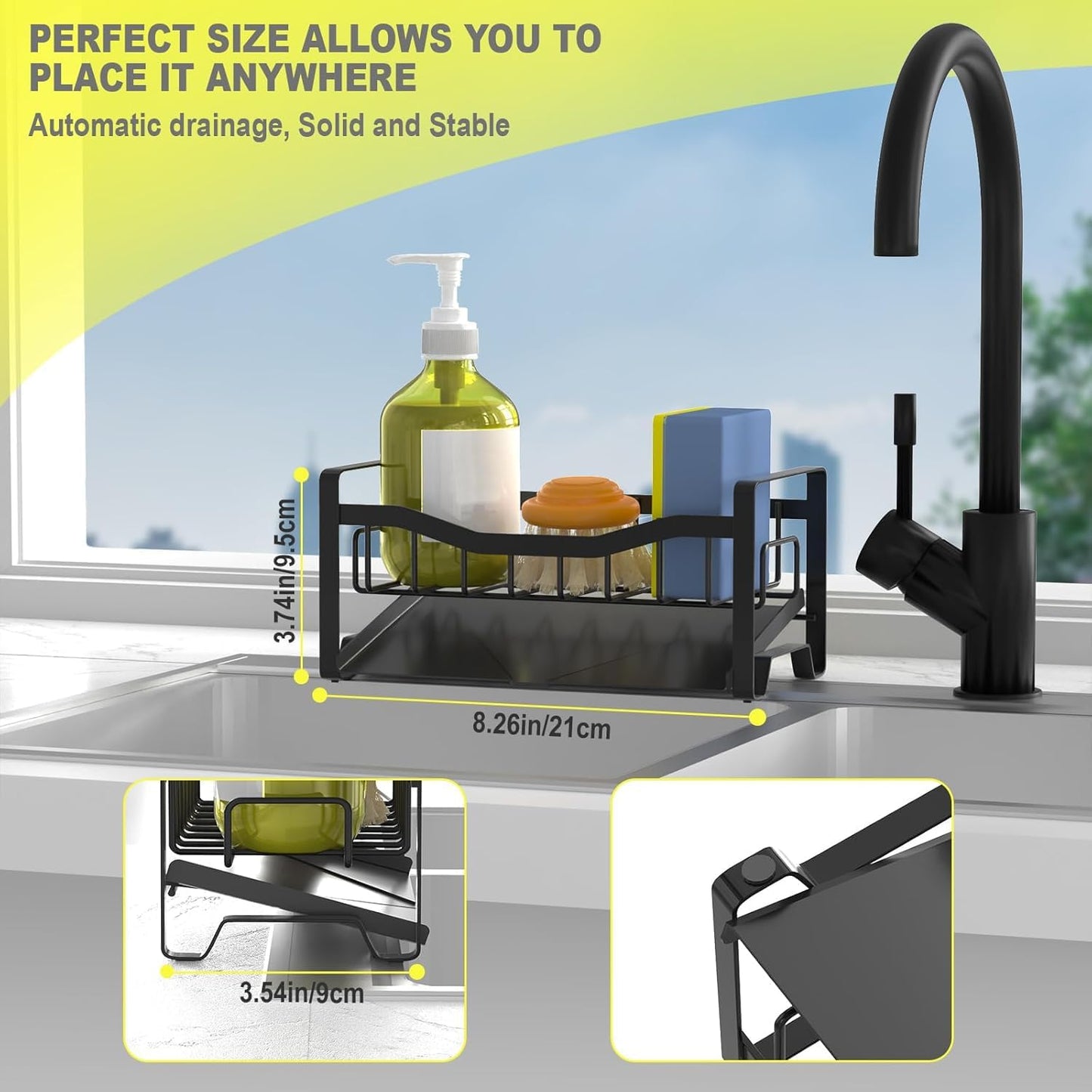 Maifan Stainless Steel Kitchen Sink Caddy Organizer with Auto Drain Tray, Sponge Holder for Countertop Storage