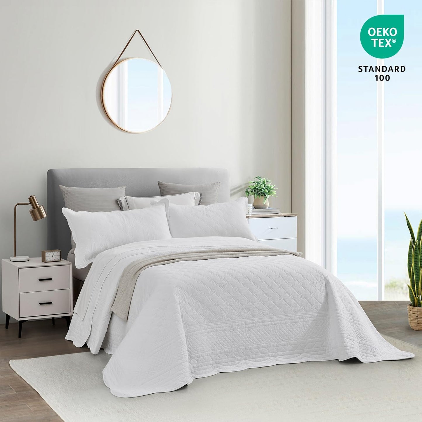 CHIXIN Oversized Cotton Bedspread King Size - Real Stitching - Luxury Quilted Bedding Cover for All Season, Reversible, Ultra Soft, Lightweight, 3 Piece, Pure White