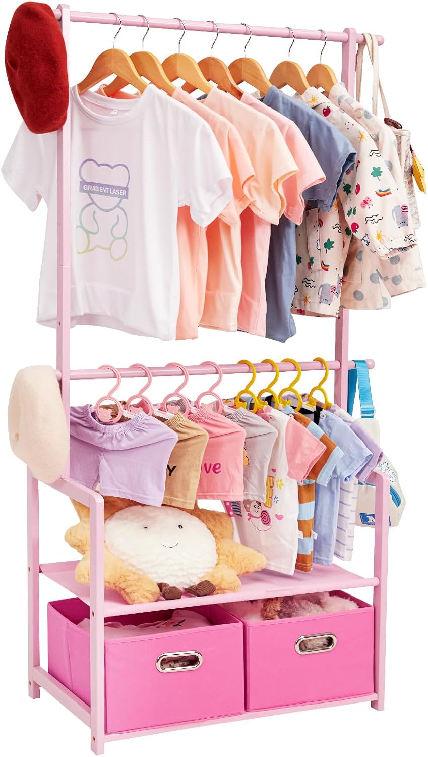 Kids Clothing Rack Bamboo with 2 Storage Baskets and 2 Adjustable Hanging Rods,Child Garment Holder with Shelf, Dress up Racks for Playroom,Toddlers Bedroom (Natural)