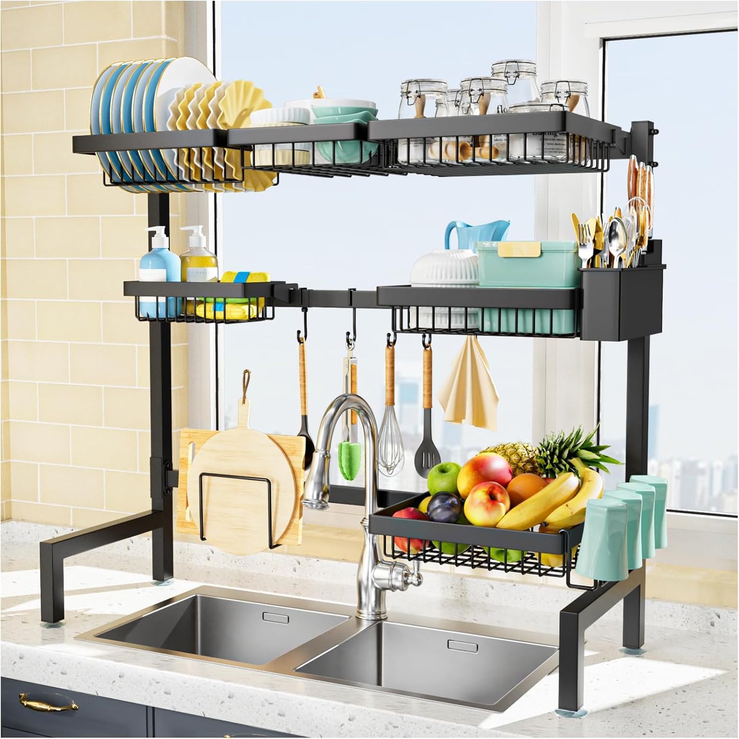YKLSLH 4 Baskets Over The Sink Dish Drying Rack, Extendable Large Capacity Sink Rack, Metal Drying Rack Saving Space,for Most Sinks (24.8 "-35.4")