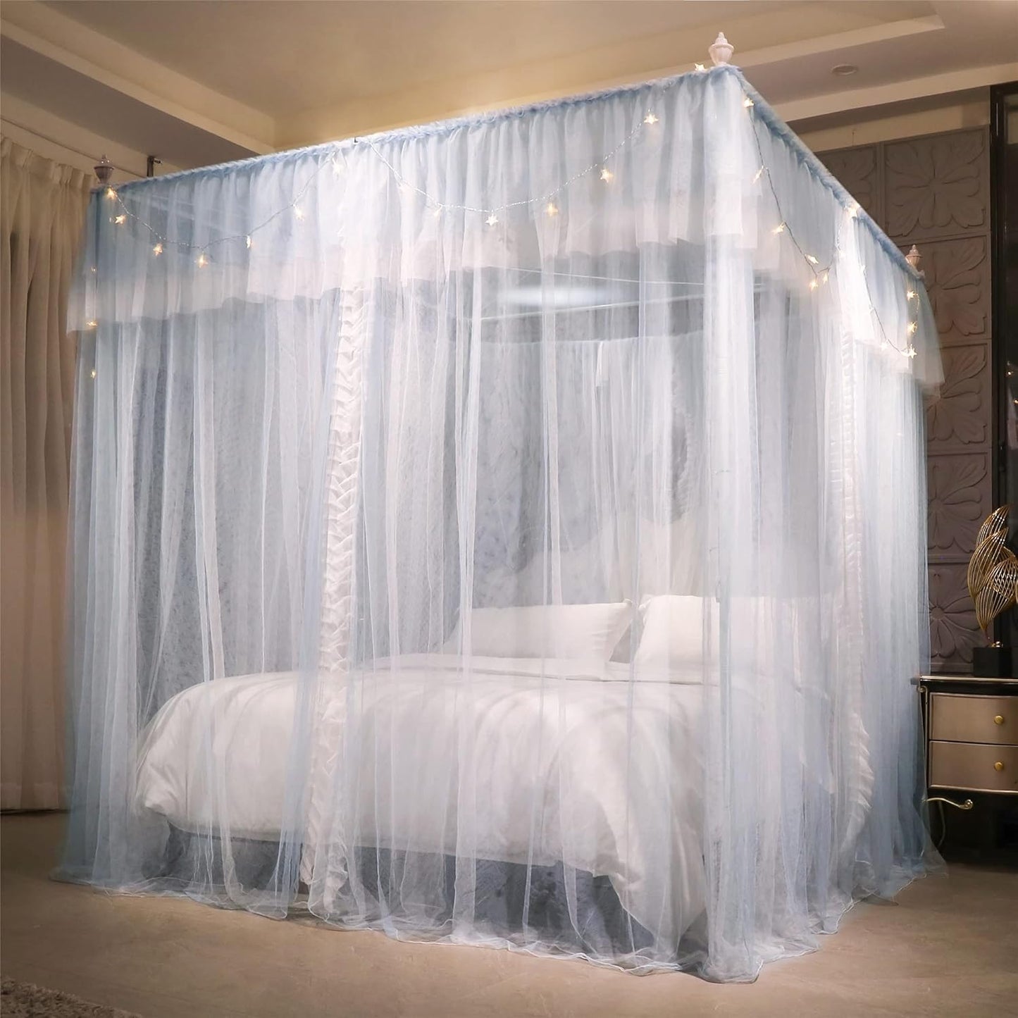 VETHIN 4 Corners Post Ruffle Princess Bed Canopy Curtain-Double Layer Cozy Drape Netting 4 Opening Mosquito Net for Girls Adults Bedroom Decoration (Gray/White,78" W*86" L*82"*H/King)