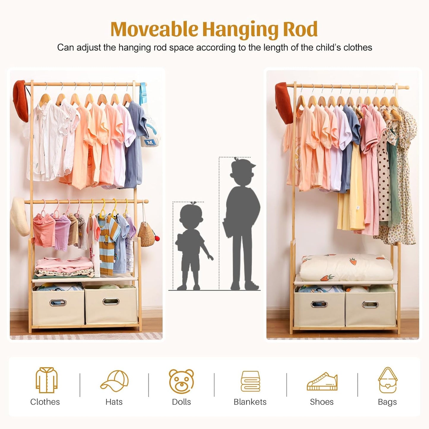 Kids Clothing Rack Bamboo with 2 Storage Baskets and 2 Adjustable Hanging Rods,Child Garment Holder with Shelf, Dress up Racks for Playroom,Toddlers Bedroom (Natural)