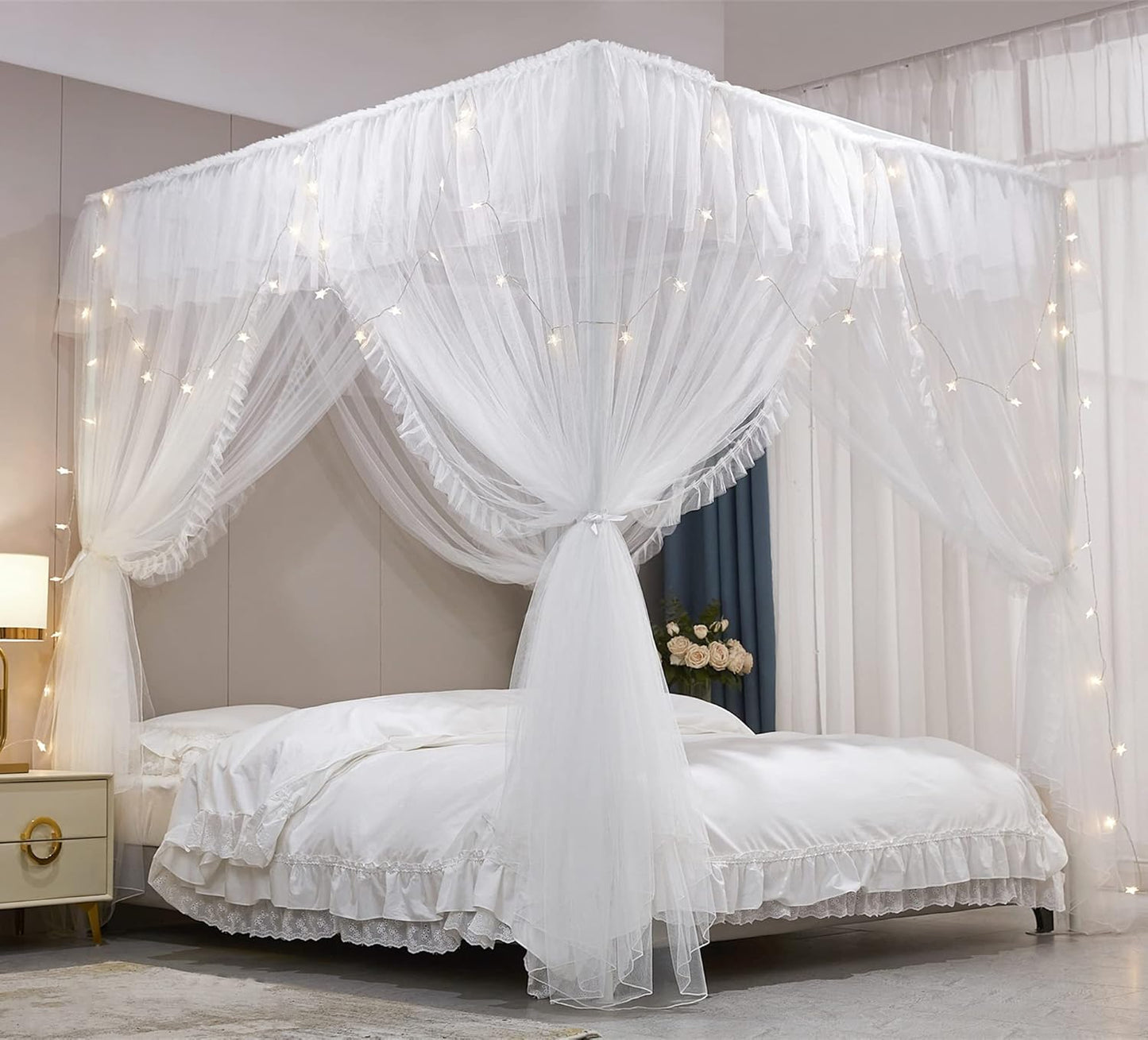 VETHIN 4 Corners Post Ruffle Princess Bed Canopy Curtain-Double Layer Cozy Drape Netting 4 Opening Mosquito Net for Girls Adults Bedroom Decoration (Gray/White,78" W*86" L*82"*H/King)