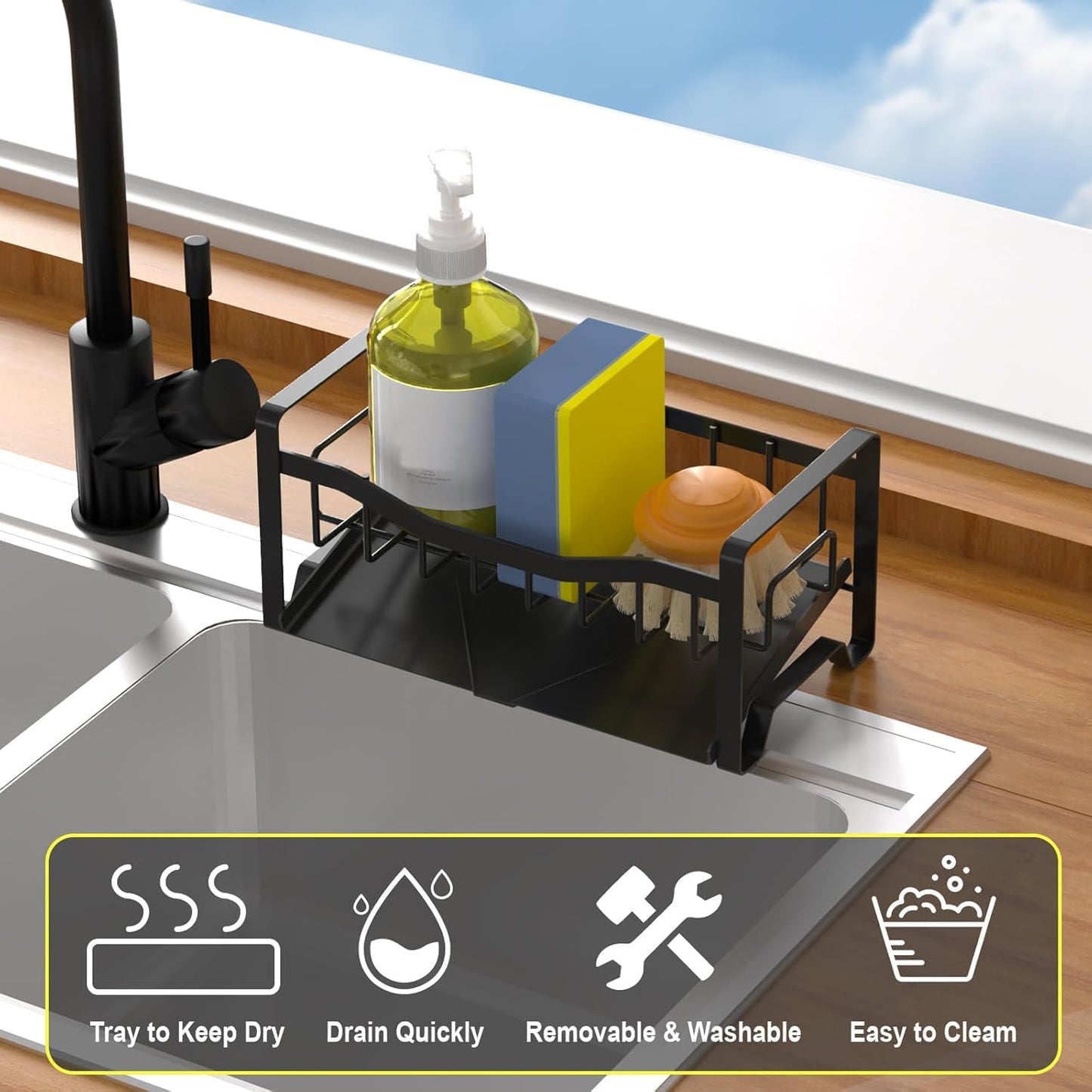 Maifan Stainless Steel Kitchen Sink Caddy Organizer with Auto Drain Tray, Sponge Holder for Countertop Storage