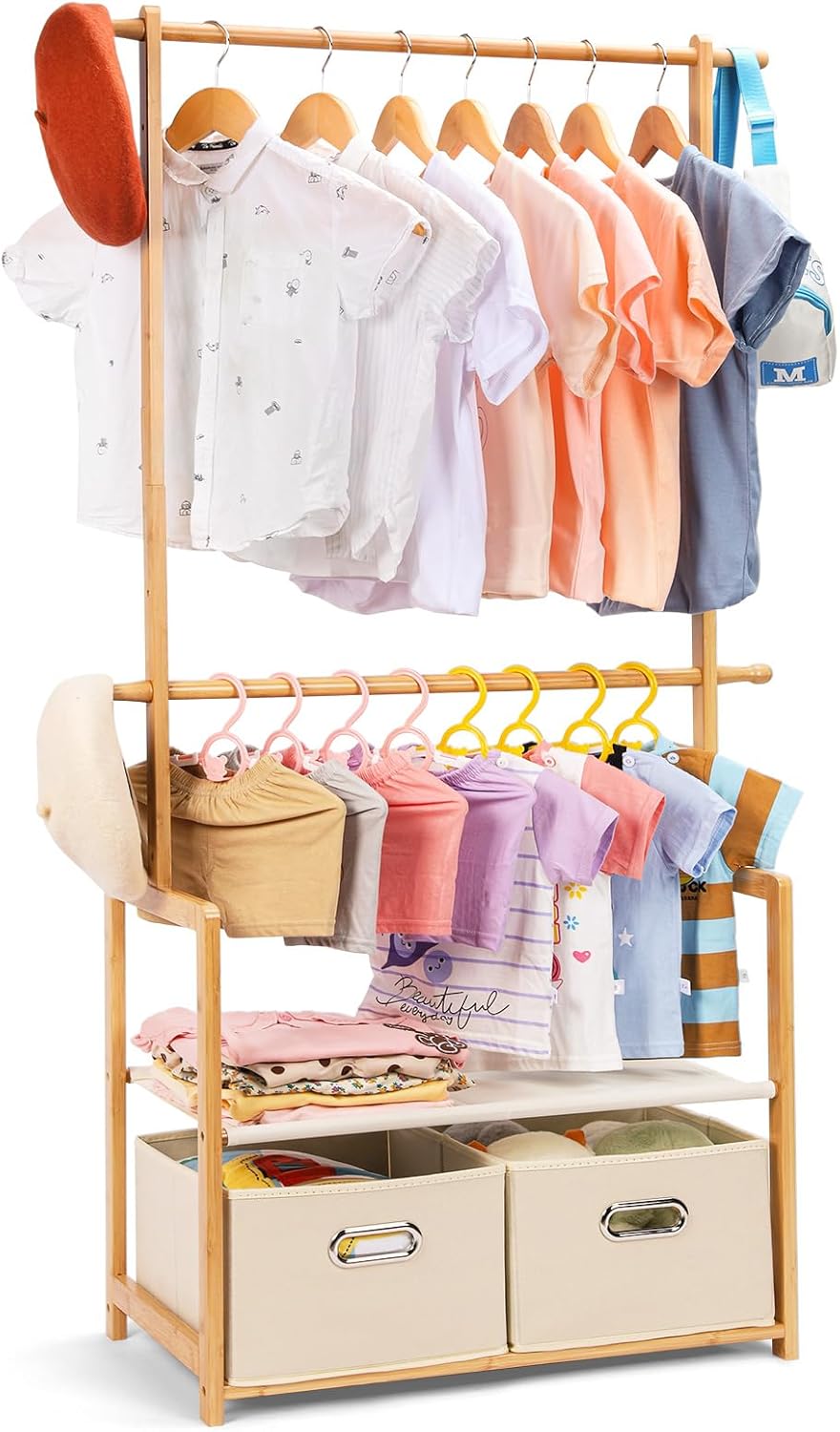 Kids Clothing Rack Bamboo with 2 Storage Baskets and 2 Adjustable Hanging Rods,Child Garment Holder with Shelf, Dress up Racks for Playroom,Toddlers Bedroom (Natural)