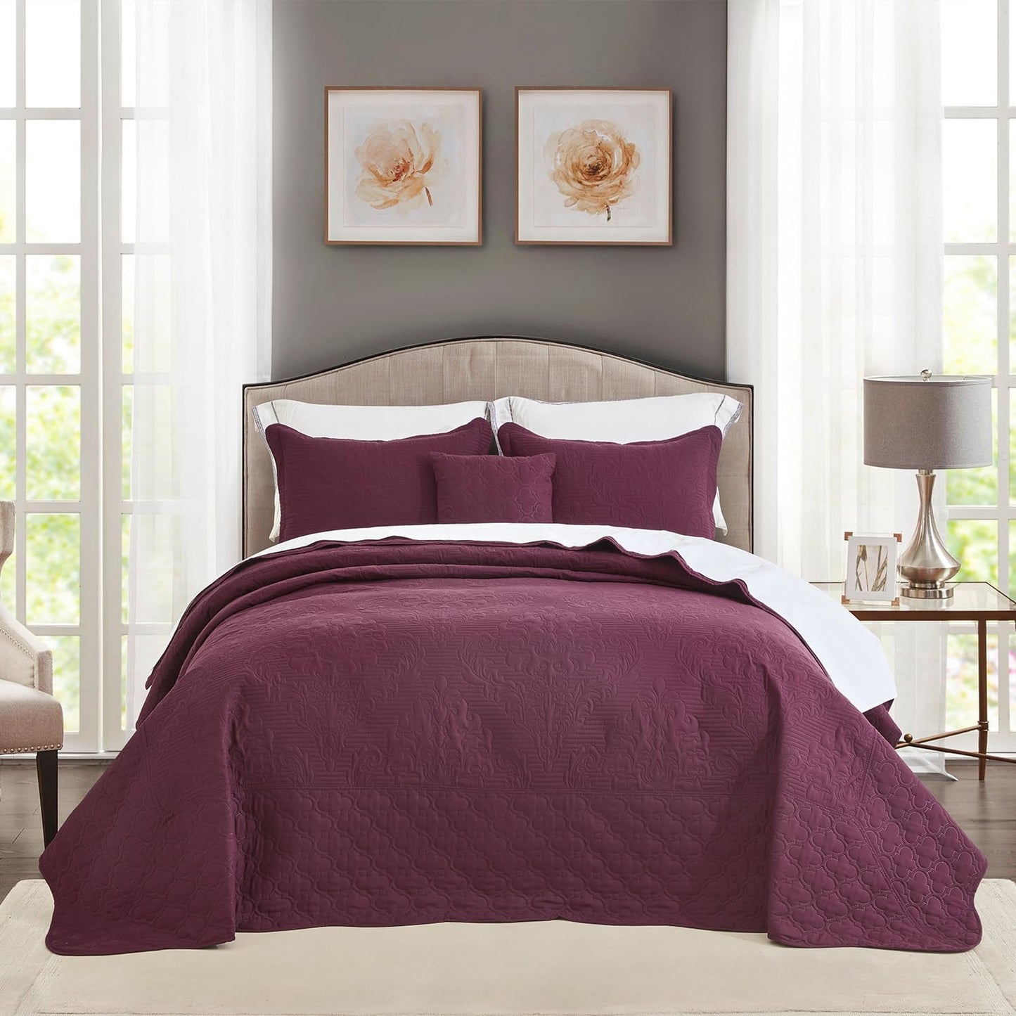 CHIXIN Oversized Bedspread Coverlet Set King Size - Lightweight Bedding Cover - Beautiful Stitching - 5 Piece Reversible Bedspread - Luxury Damask Paisley Pattern (King, Lagoon)