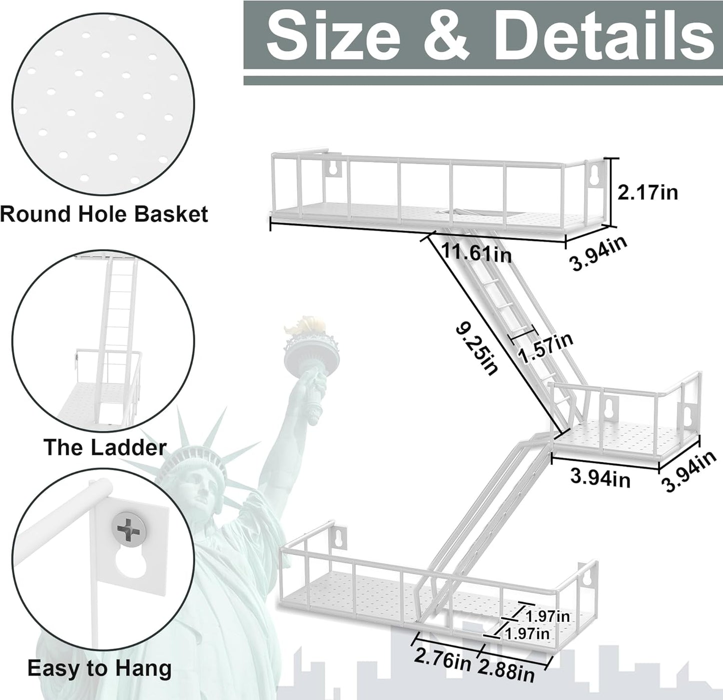 Fire Escape Wall Shelf with Baskets, 3-Tier Metal Fire Escape Ladder Shelf Wall Organizer, New York Inspired Decorative Shelf, White Floating Action Figurine Display Shelves for Bedroom, Home Décor.…