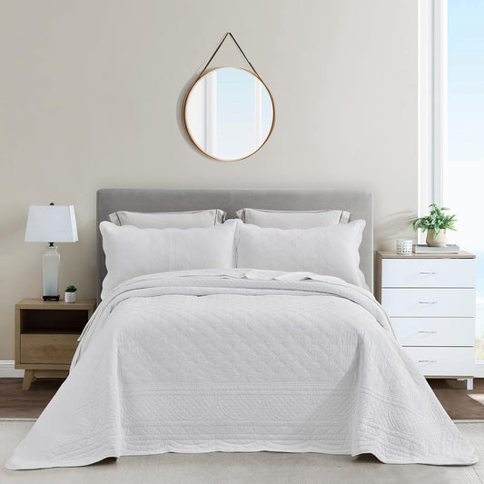 CHIXIN Oversized Cotton Bedspread King Size - Real Stitching - Luxury Quilted Bedding Cover for All Season, Reversible, Ultra Soft, Lightweight, 3 Piece, Pure White