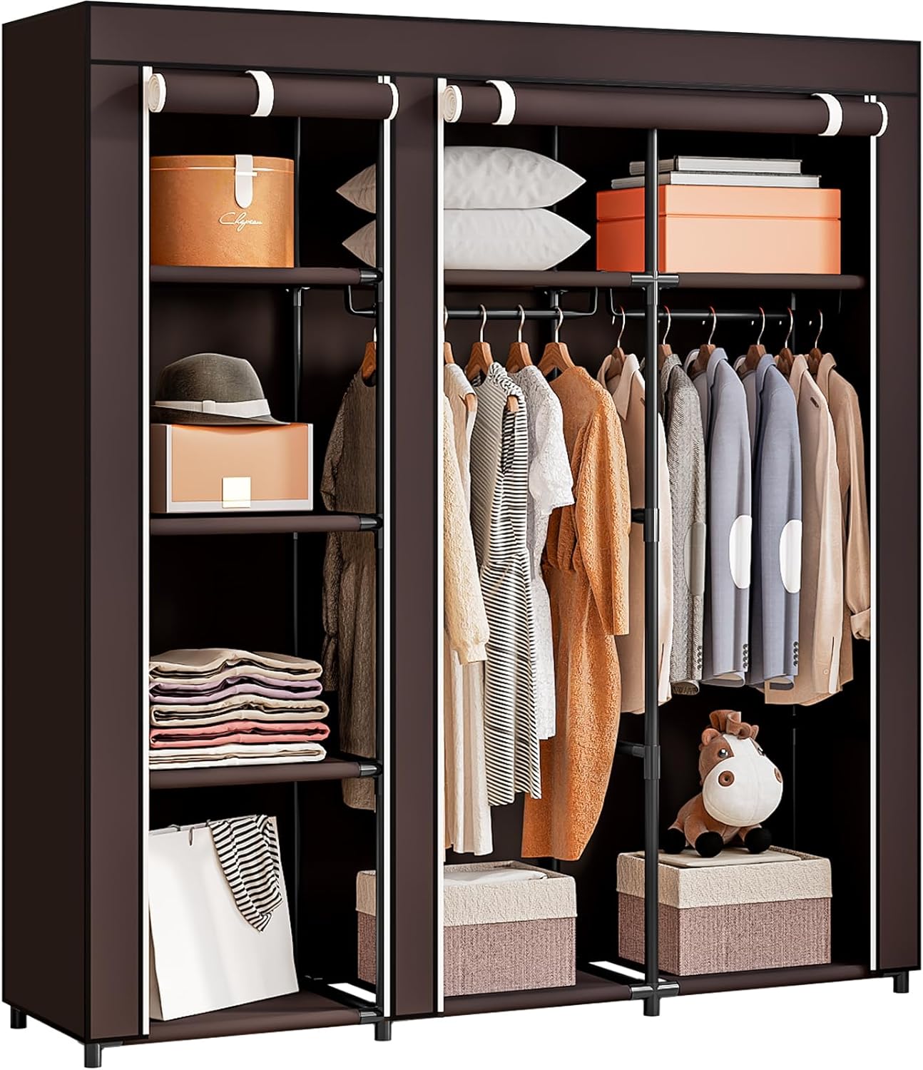 SORCEDAS Portable Wardrobe Closet Storage Organizer Metal Hanging Rack Non-Woven Fabric (Black, 51 Inch)