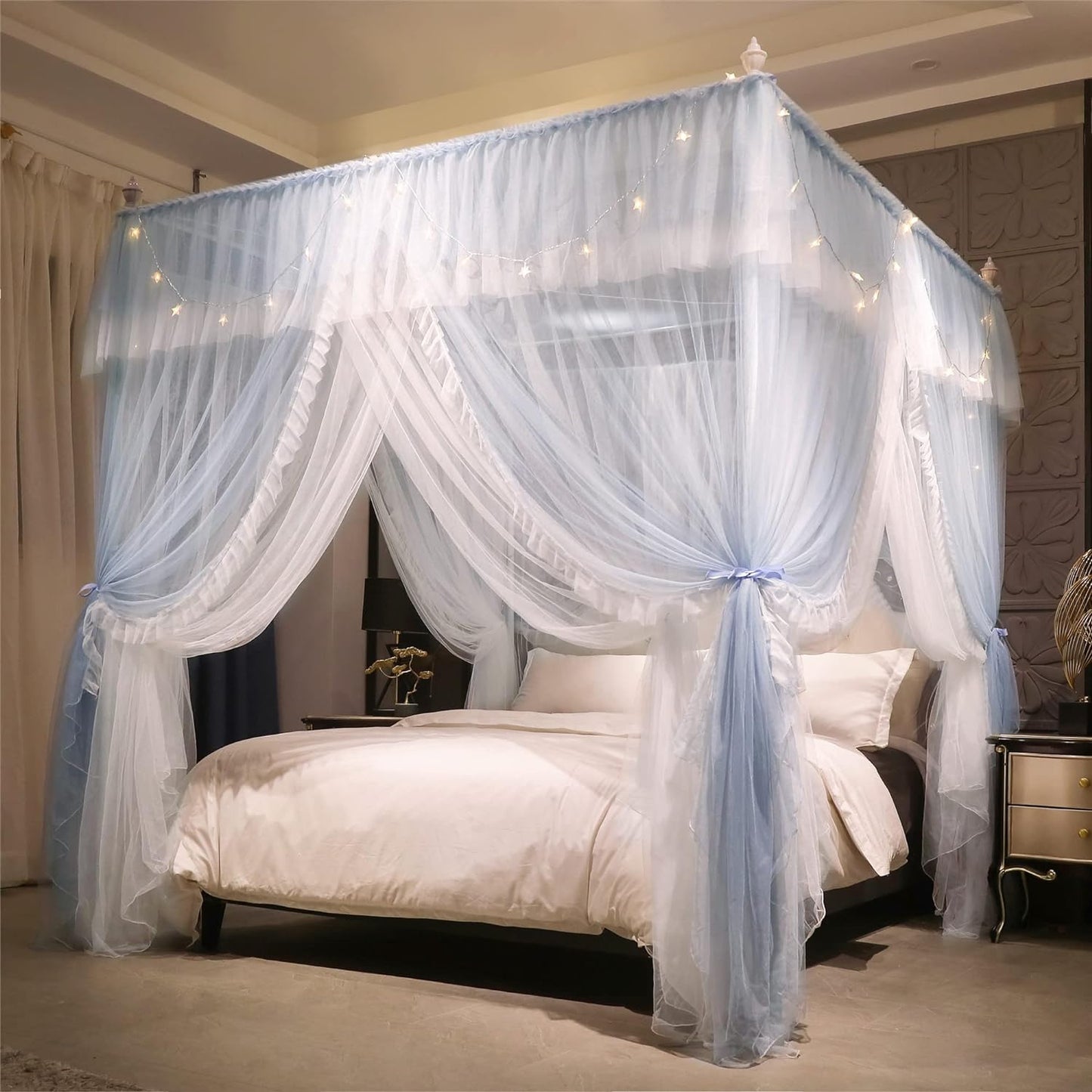 VETHIN 4 Corners Post Ruffle Princess Bed Canopy Curtain-Double Layer Cozy Drape Netting 4 Opening Mosquito Net for Girls Adults Bedroom Decoration (Gray/White,78" W*86" L*82"*H/King)