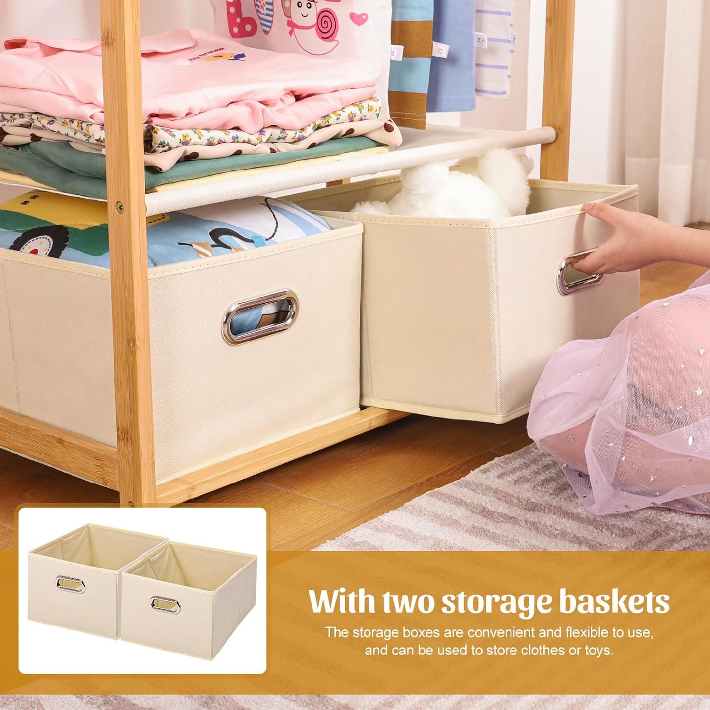 Kids Clothing Rack Bamboo with 2 Storage Baskets and 2 Adjustable Hanging Rods,Child Garment Holder with Shelf, Dress up Racks for Playroom,Toddlers Bedroom (Natural)