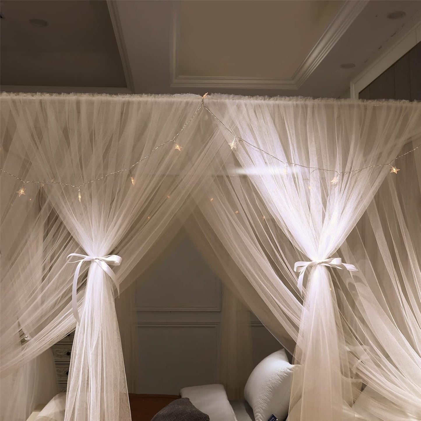 VETHIN 4 Corners Post Princess Bed Canopy Curtain Double Layer Cozy Drape Netting 4 Opening Mosquito Net for Girls & Adults Bedroom Decoration Accessories (Double White, 59" W*82" L*82"*H/(Queen))
