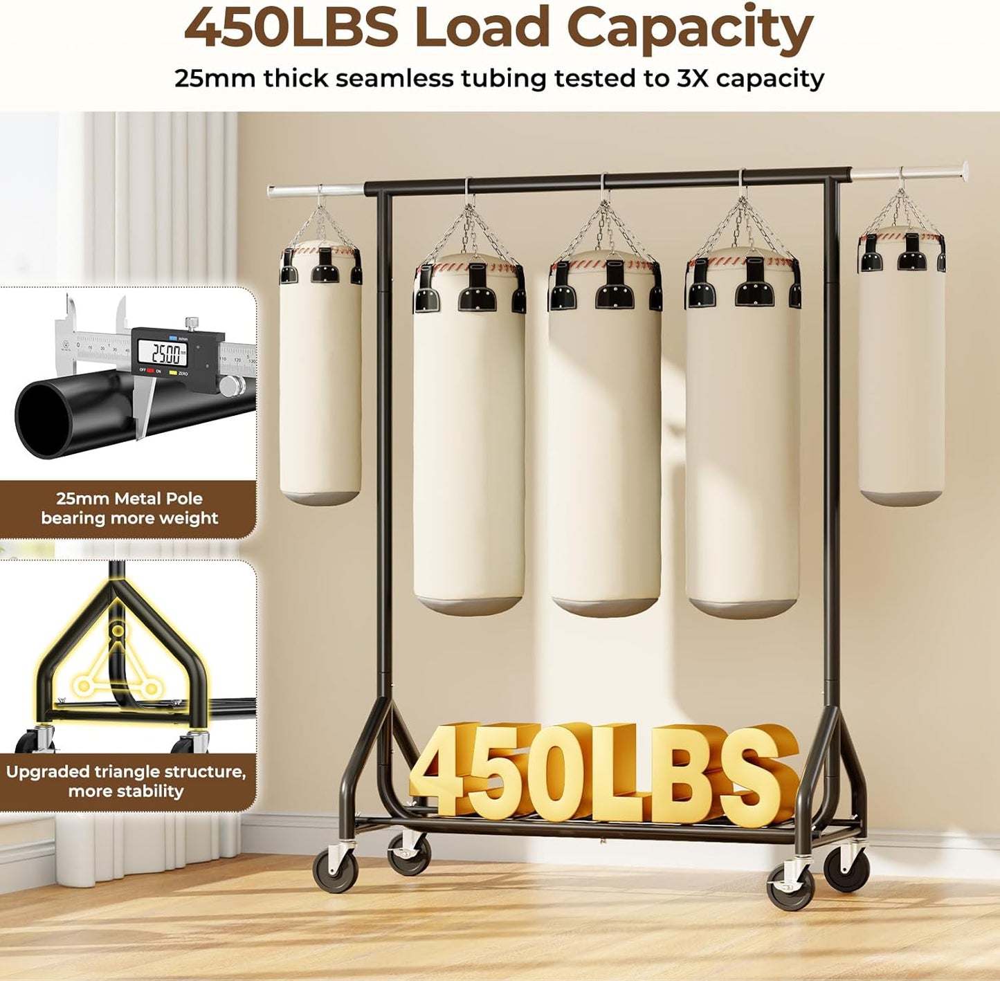 Heavy-Duty 450LBS Capacity Metal Clothes Rack，Rolling Clothing Rack with Wheels & Shelves, Portable Standing Wardrobe Rack for Hanging Clothes, Black