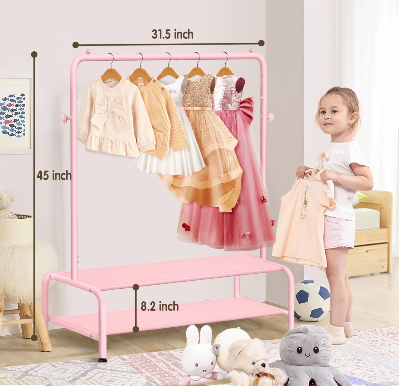 Kids Clothing Rack - Dress Up Storage - Dress Up Rack for Little Girls - Small Kids Costume Wardrobe with 2 Fabric Shelves - Princess Room Bedroom Decor