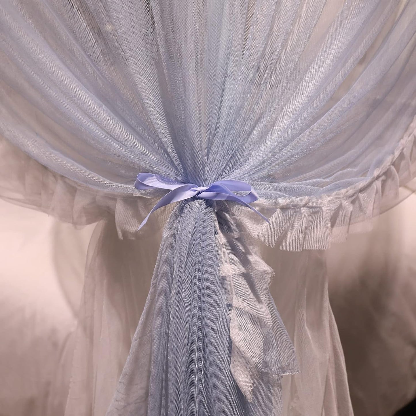 VETHIN 4 Corners Post Ruffle Princess Bed Canopy Curtain-Double Layer Cozy Drape Netting 4 Opening Mosquito Net for Girls Adults Bedroom Decoration (Gray/White,78" W*86" L*82"*H/King)