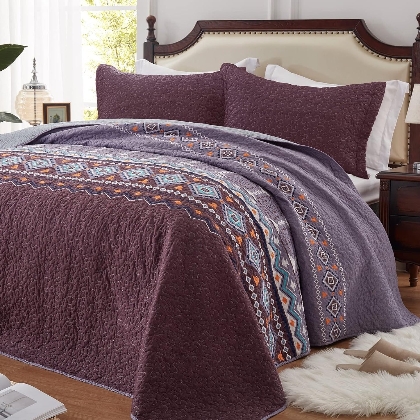 LEAONME Quilt Set Full/Queen Size 3 Piece Bedspread Coverlet Lightweight Comforter Microfiber Bedding Set All Season Oversized 90x98 Inch Bed Cover Bohemian Burnt Orange/Rust(1 Quilt,2 Pillow Shams)