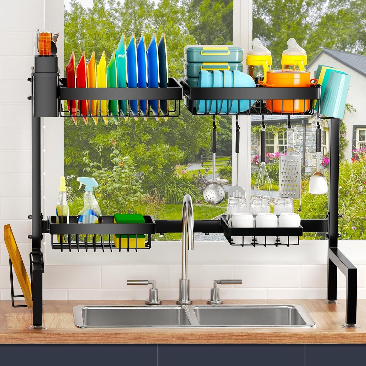 YKLSLH 4 Baskets Over The Sink Dish Drying Rack, Extendable Large Capacity Sink Rack, Metal Drying Rack Saving Space,for Most Sinks (24.8 "-35.4")