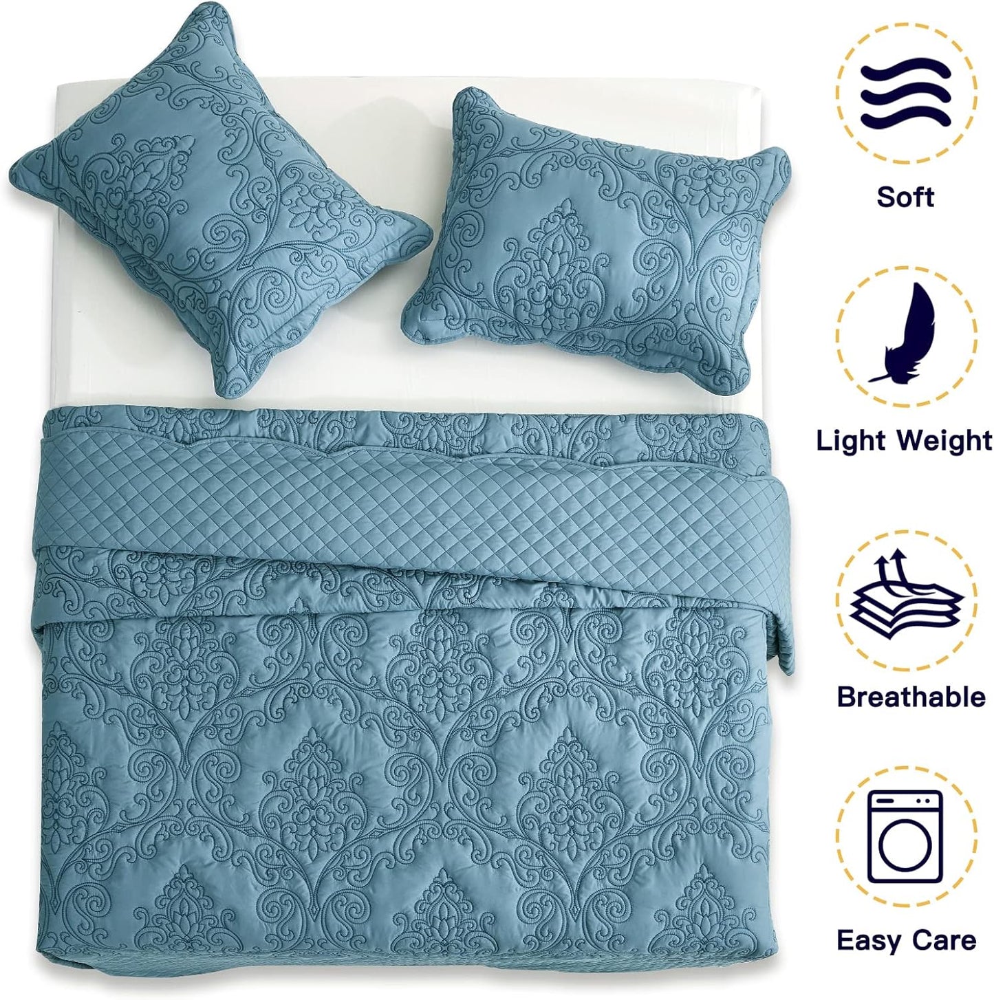 CHIXIN Oversized Bedspread Coverlet Set King Size - Lightweight Bedding Cover - Beautiful Stitching - 5 Piece Reversible Bedspread - Luxury Damask Paisley Pattern (King, Lagoon)