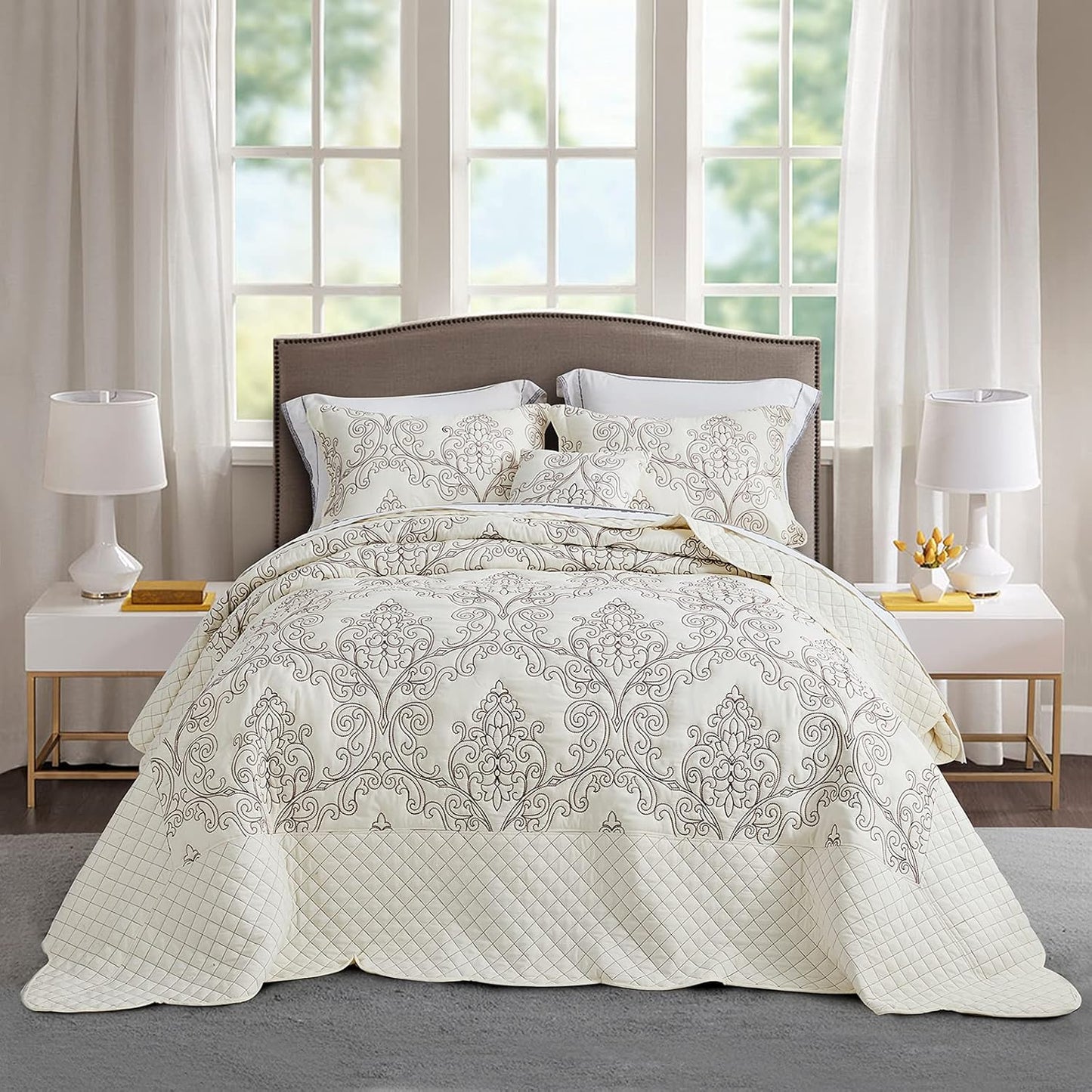 CHIXIN Oversized Bedspread Coverlet Set King Size - Lightweight Bedding Cover - Beautiful Stitching - 5 Piece Reversible Bedspread - Luxury Damask Paisley Pattern (King, Lagoon)