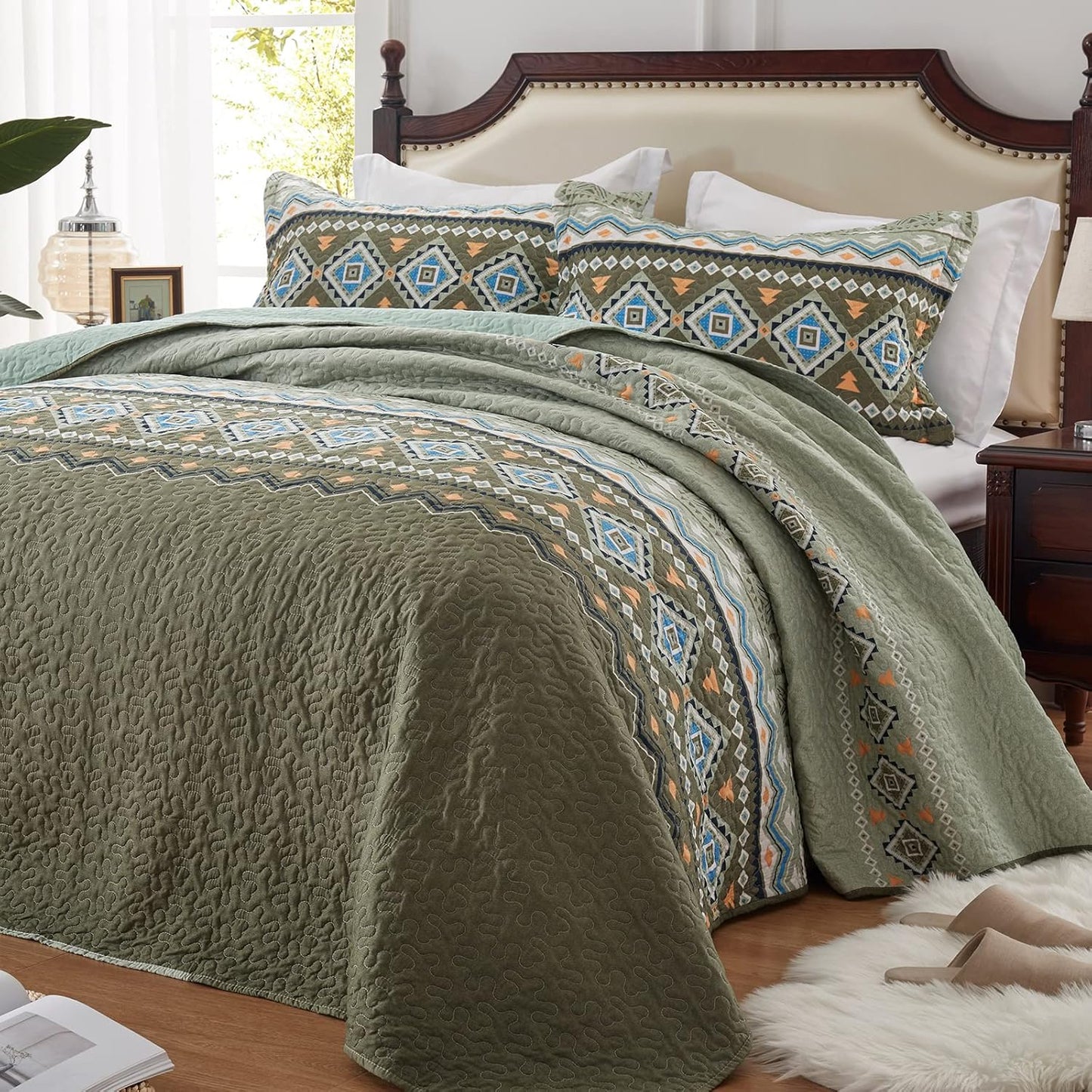 LEAONME Quilt Set Full/Queen Size 3 Piece Bedspread Coverlet Lightweight Comforter Microfiber Bedding Set All Season Oversized 90x98 Inch Bed Cover Bohemian Burnt Orange/Rust(1 Quilt,2 Pillow Shams)