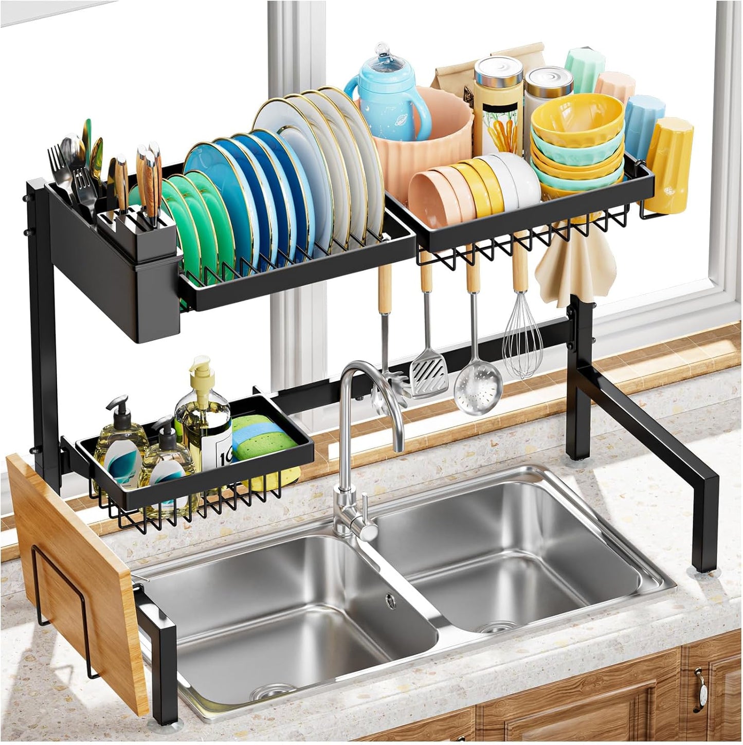 YKLSLH 4 Baskets Over The Sink Dish Drying Rack, Extendable Large Capacity Sink Rack, Metal Drying Rack Saving Space,for Most Sinks (24.8 "-35.4")