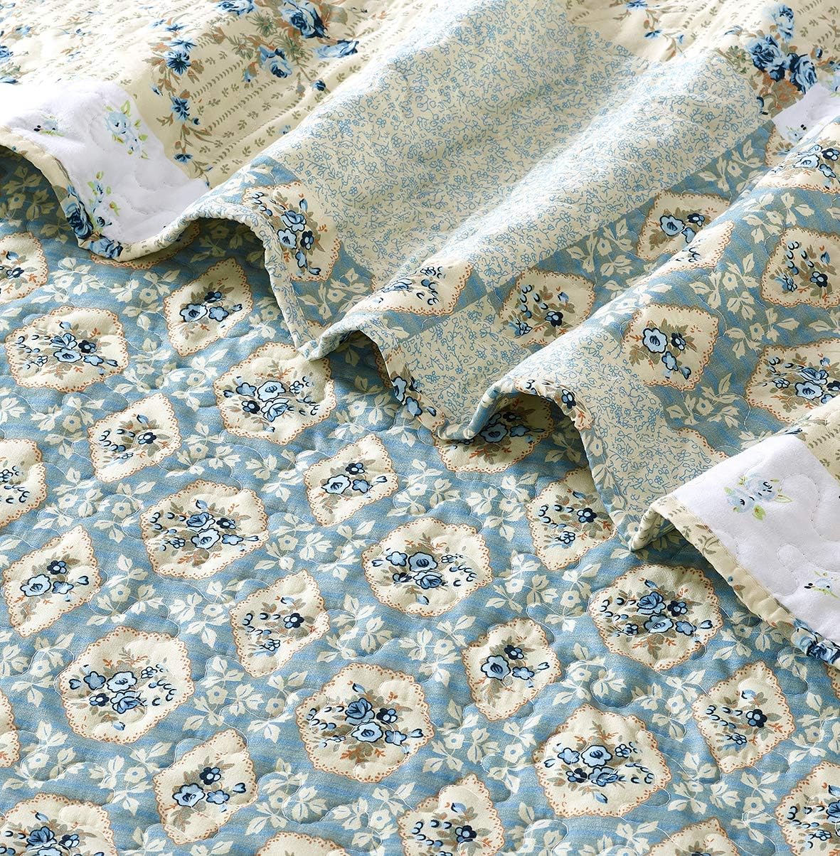 All American Collection New Reversible 3pc Floral Printed Patchwork Blue/Green Bedspread/Quilt Set Matching Curtains Available (King/Cal King Size)