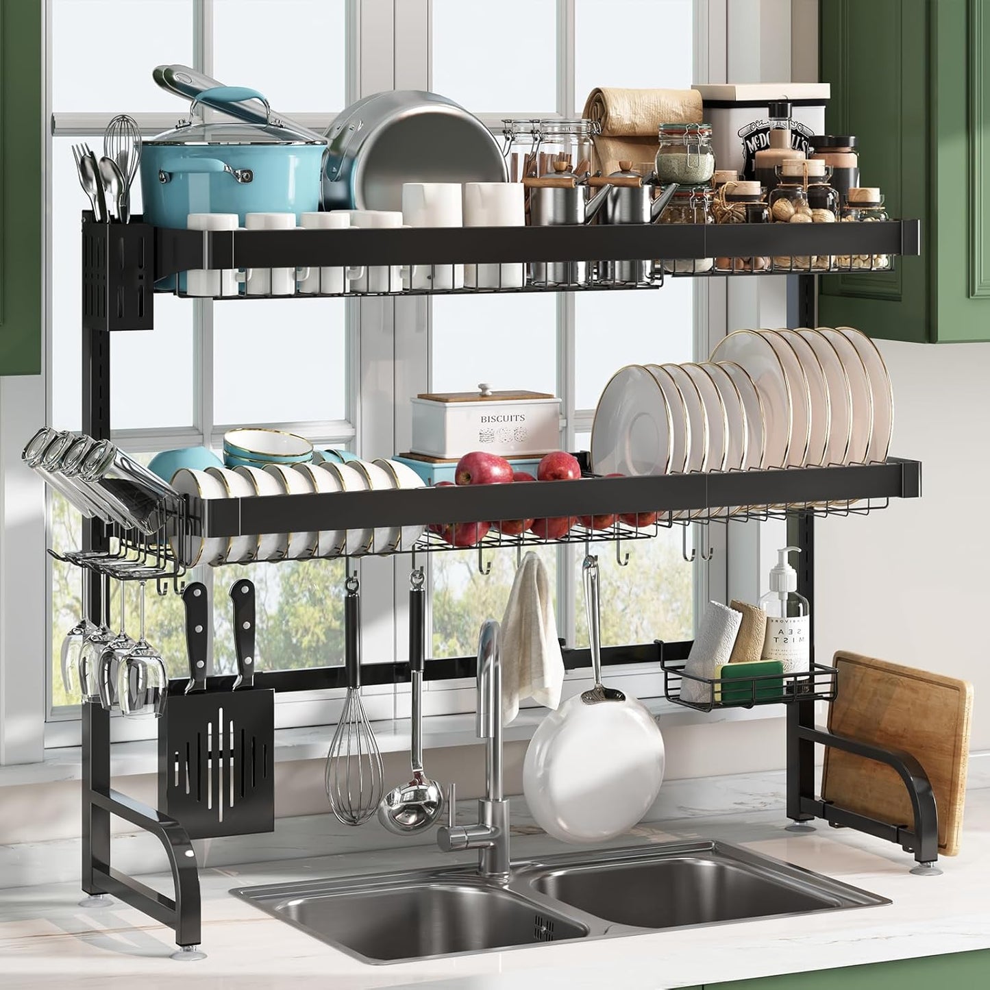 3 Tier Extra Large Stainless Steel Expandable Over The Sink Dish Drainer Drying Rack, Rust Proof Metal, Space Saving, Modern Silver Big Capacity Extendable Plate Strainers Above Kitchen Counter
